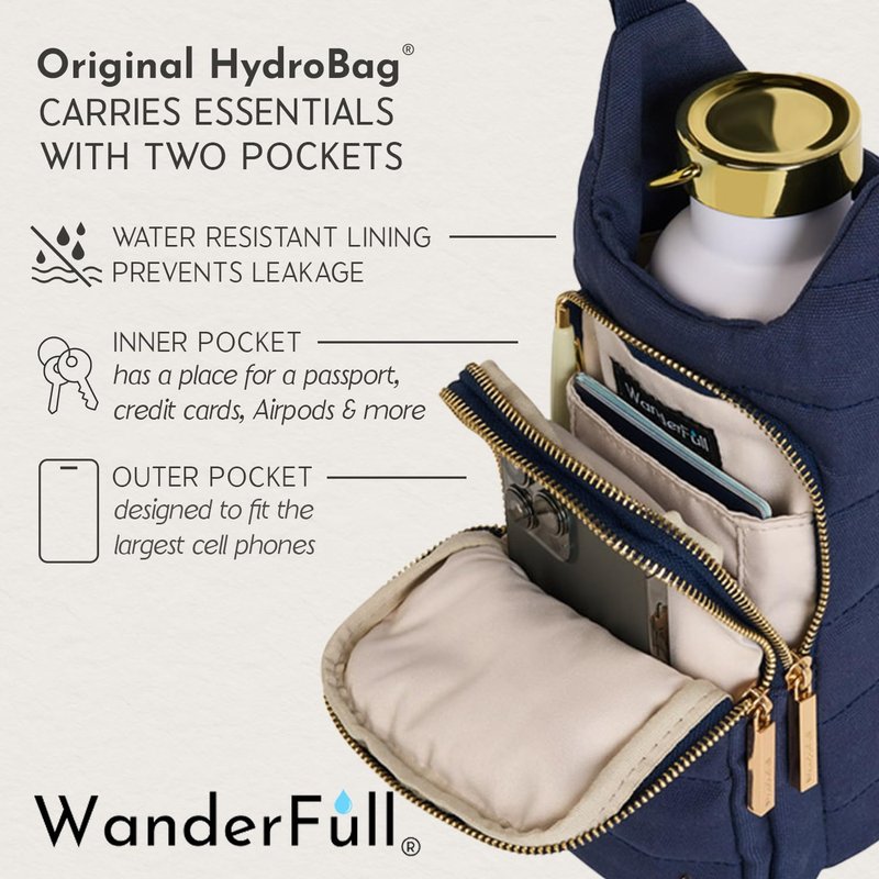 WanderFull® Original HydroBag®, Fits Up to 32 oz Water Bottle Holder with Strap, Gift for Women, Hands-Free Crossbody, Water Bottle Carrier Bag with Phone Pocket - Navy Knot Print