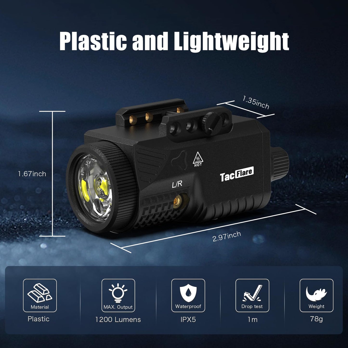 TacFlare Laser Light Combo - 1200 Lumens Green Laser Beam Flashlight for Glock Pistol Gun Picatinny 1913 Rail, Tactical Subcompact Weapon Laser and Flashlight, USB C Rechargeable, 3mW