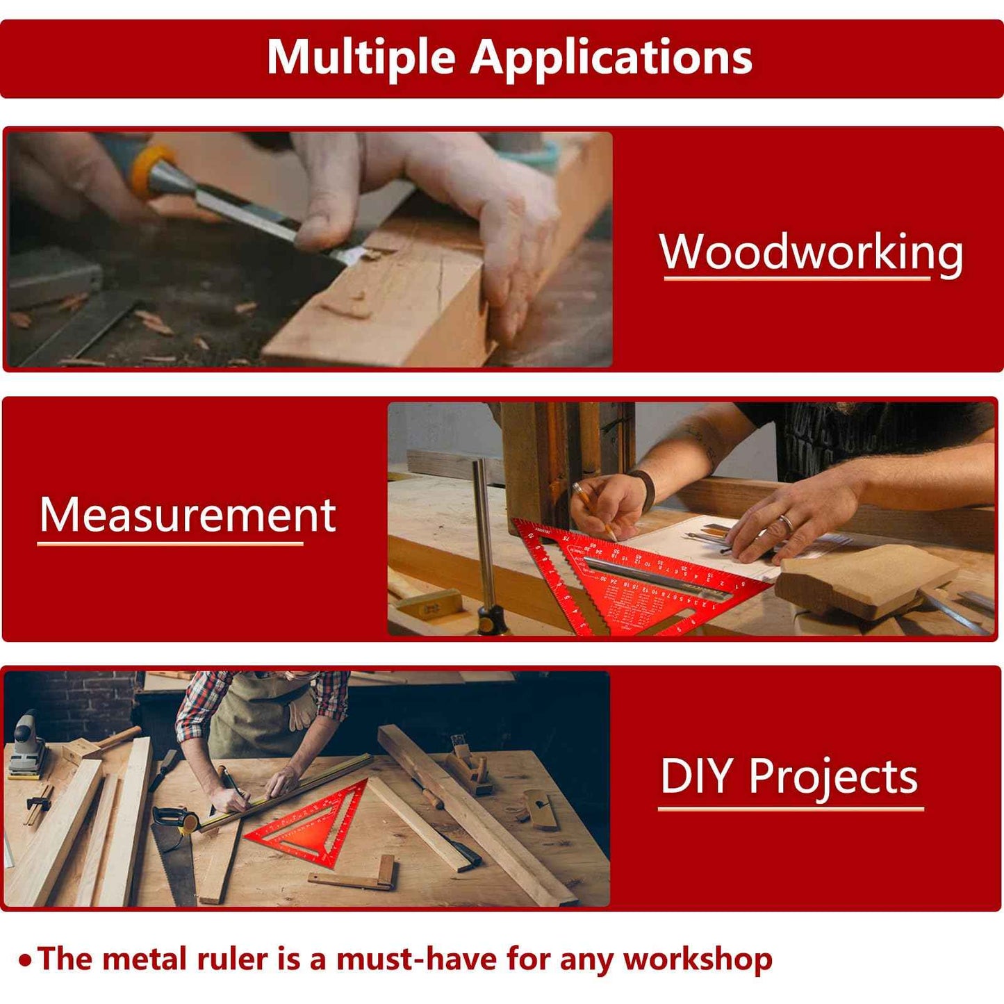 Carpenter Square 12 Inch, Aluminum Rafter Square Carpenter for Woodworking, Sturdy Angle Drawing Measuring Ruler, Layout Tool Alloy Triangle Ruler Protractor for Carpentry, Red