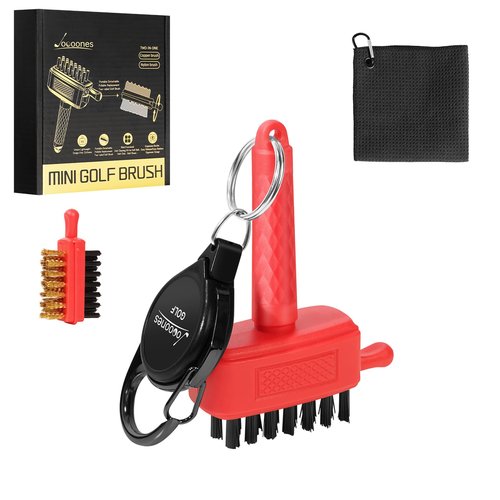 Joooones Golf Club Cleaning Kit Durable Mini Size Golf Club Brush and Towel Clean Leaving No Marks Fit for Multiple Situations Golf Club Bag Accessories Golf Gift(Red Towel Set)