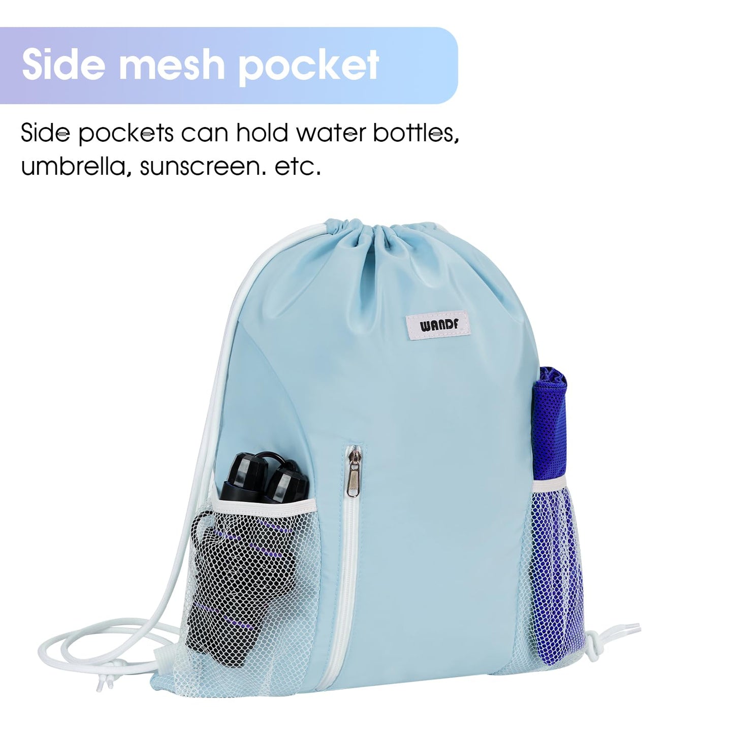 WANDF Drawstring Backpack Sports Gym Sackpack with Mesh Pockets Water Resistant String Bag for Women Men(Light Blue)