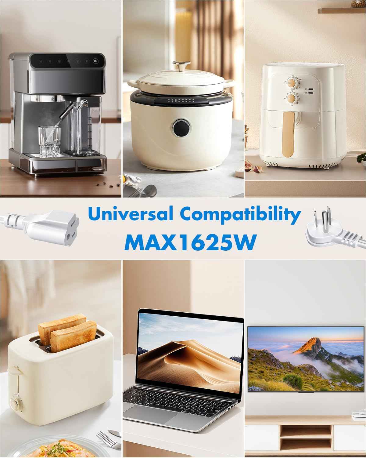 Flat Plug 1Ft Short Extension Cord, White 90-Degree Plug Low Profile Power Adapter, 3-Prong Indoor Grounded Small Extension Cord 16AWG 13A 1625W 6 Pack