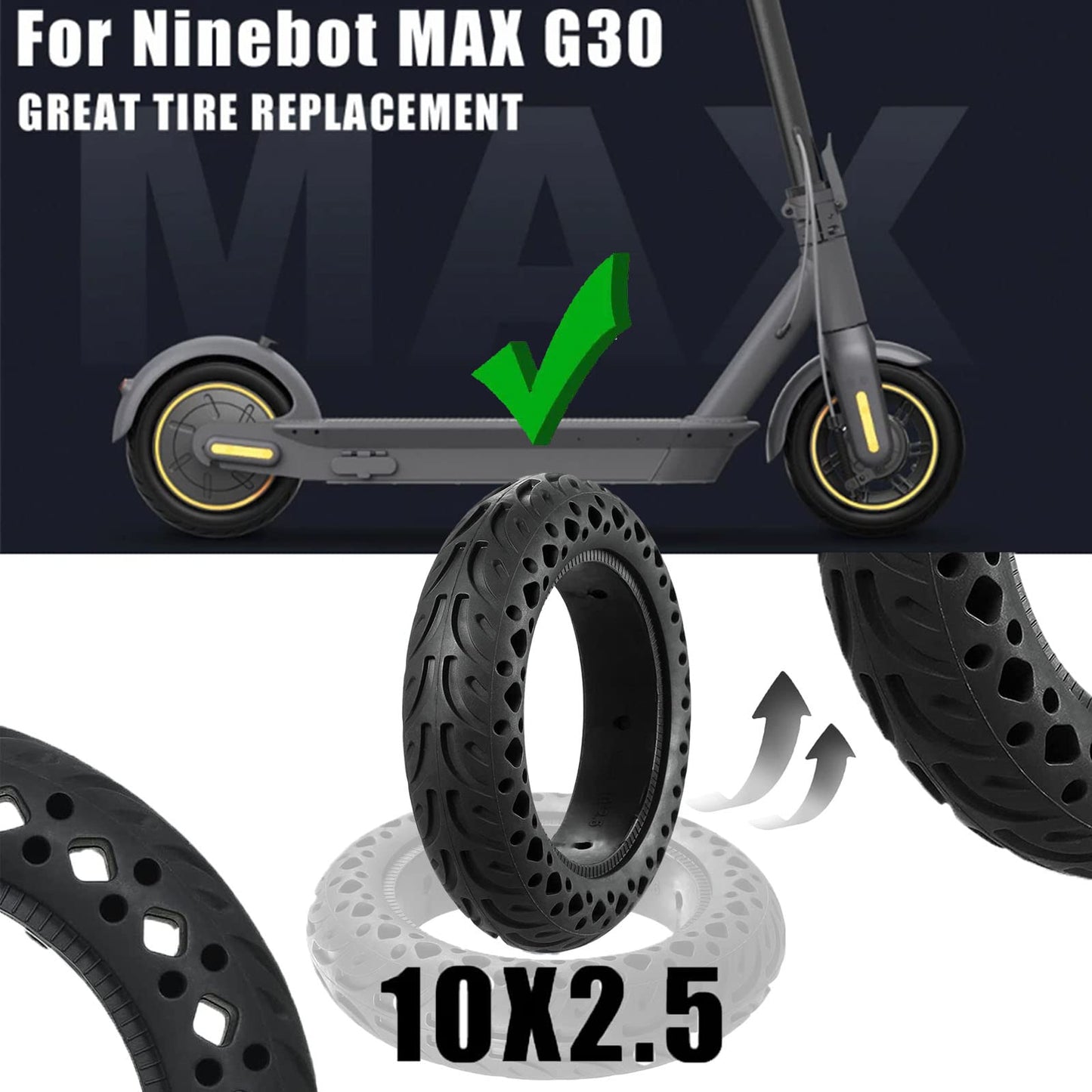 Felixstory 60/70-6.5 Scooter Tire Tubeless: 10x2.50 Solid Tire Replacement for Hover 1 Alpha Hiboy MAX3 Segway Ninebot MAX G2 G30LP Electric Scooter, 10 Inch 10x2.50-6.5 Honeycomb Front Rear Wheels