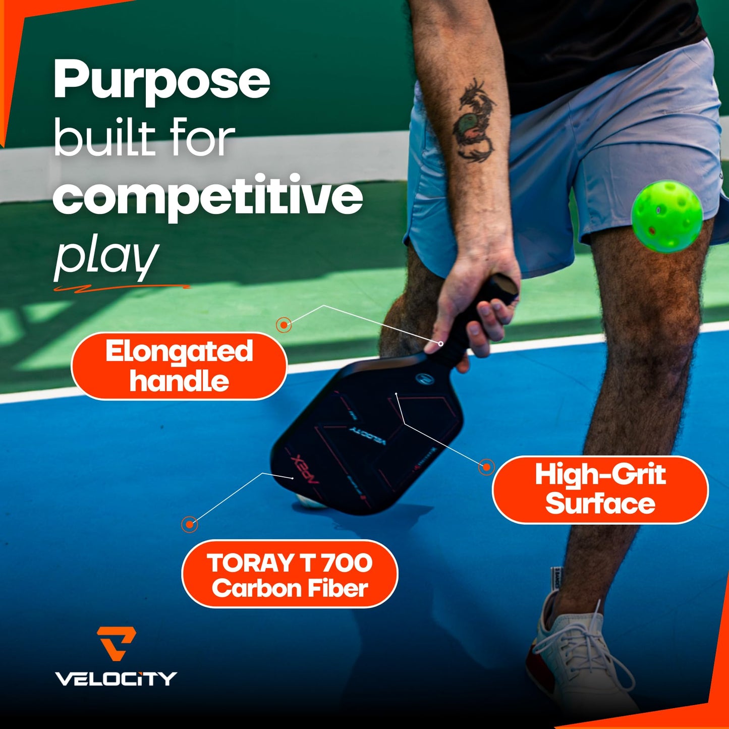 Velocity Pickleball Paddle, T700 Carbon Fiber Pickleball Paddle with 16mm Proprietary Core High Grit Surface, USAPA Approved, Elongated Anti-Slip Handle for Power, Spin & Control and Shoot at 60mph
