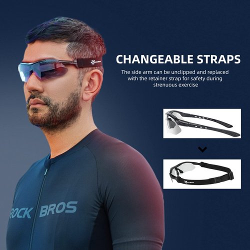 ROCKBROS Photochromic Sports Sunglasses Mens Pickleball Glasses Cycling Glasses MTB Sunglasses, with Removable Elasctic Band，White
