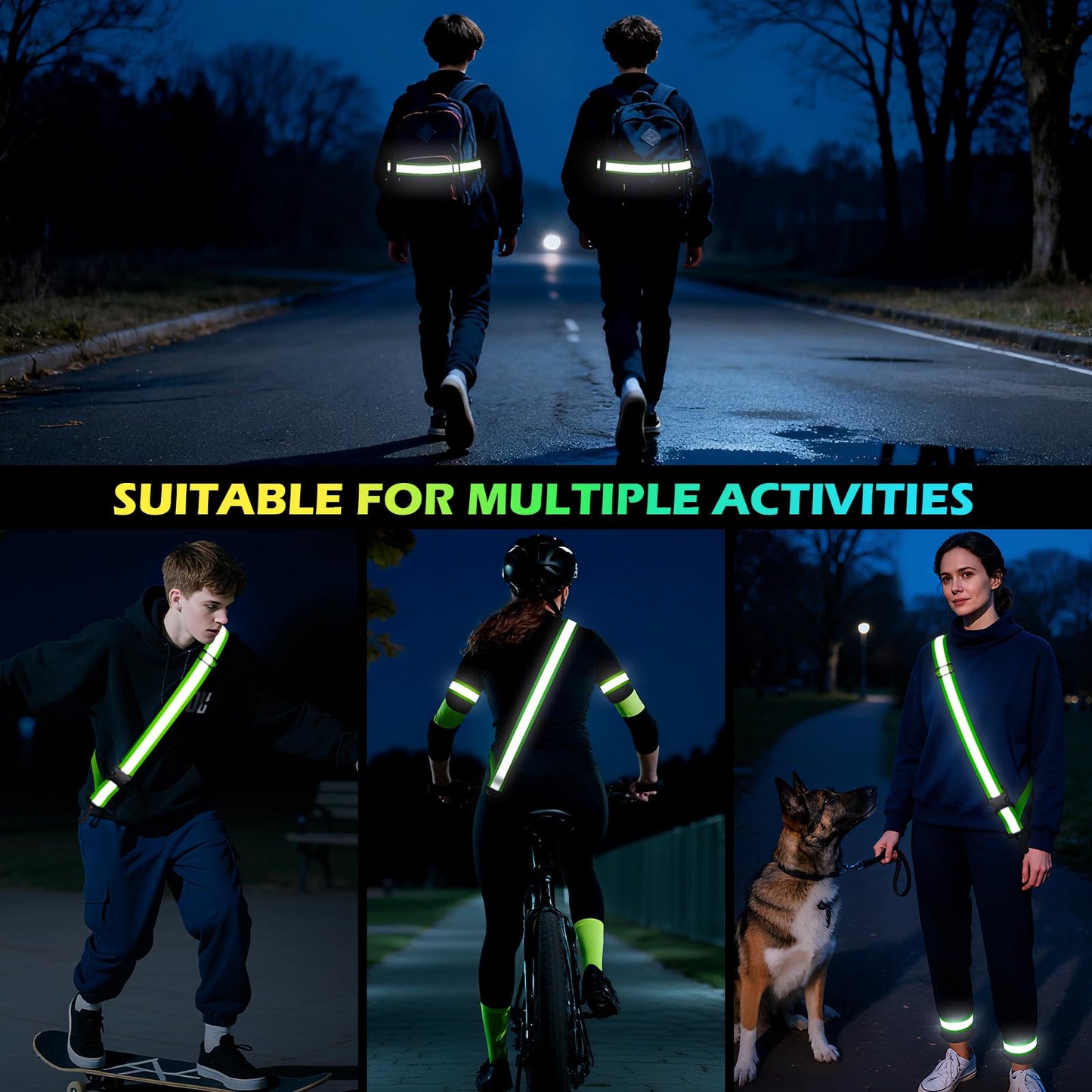 Samlior Reflective Walking Gear at Night, High Visibility Safety Reflective Sash Belt and 2-Pack Armband Set, Night Running Safety Gear for Women Men Kids (Green)