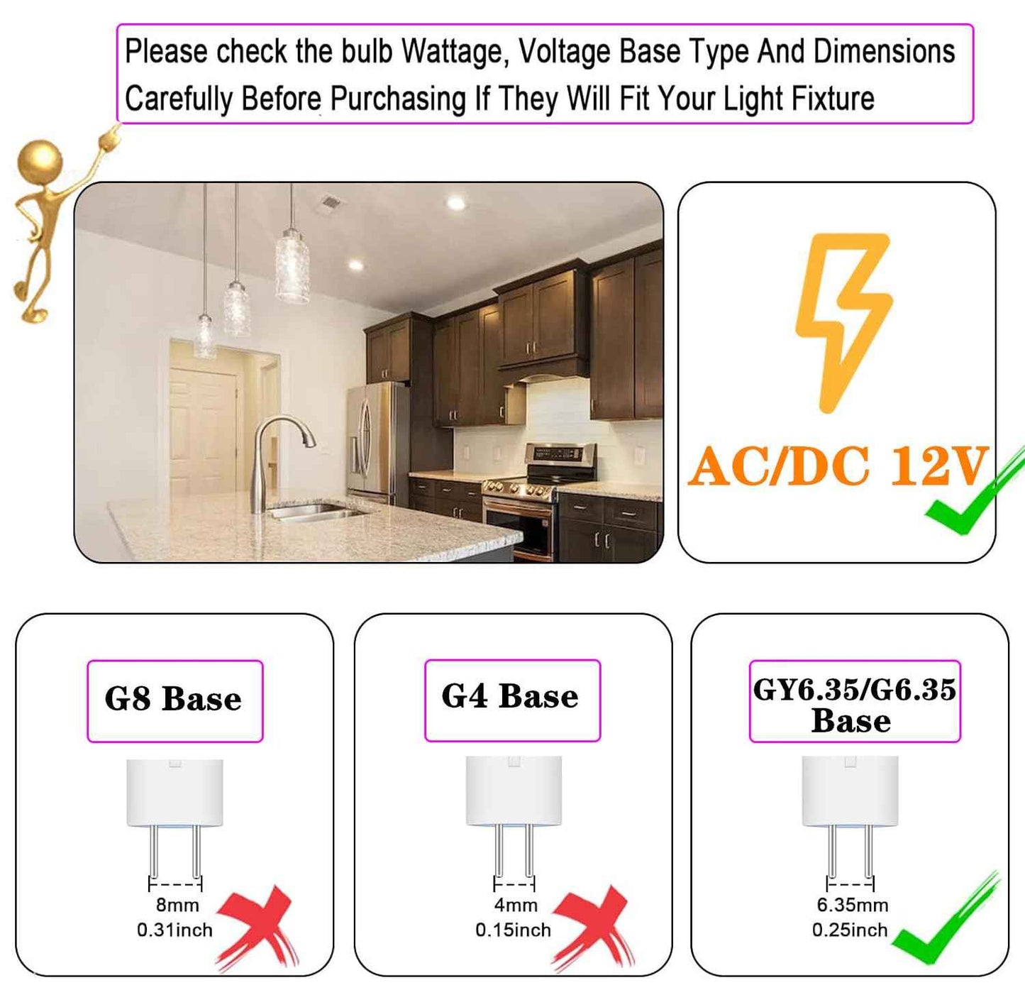 JSVSAL GY6.35 LED Bulb Dimmable,T4 JC Type GY6.35/G6.35 Bi-pin Base,AC/DC 12V Warm White 2700K 5W Equivalent to 40-50W Halogen Bulb for Pendant Light,Chandelier,Desk Light,Landscape Lighting,6-Pack