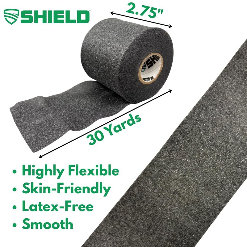 Shield Athletic Underwrap | Bulk Case of 48 Rolls of PreWrap, Hair Tie, Headband, USA Made, Pre-Wrap Athletic Tape, 2.75" X 30 SYards, Foam Barrier, Flexible, Breathable (Black)