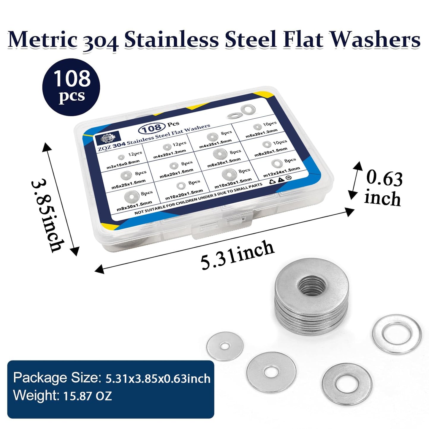 ZQZ 108Pcs Flat Washers, 304 Stainless Steel Fender Washers Assortment, 12 Different Sizes Wide Washer M3 M4 M5 M6 M8 M10 M12 Assorted Flatwashers Kit