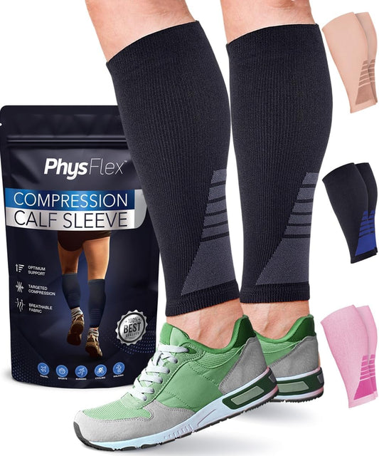 PhysFlex Calf Compression Sleeves - Footless Support Socks for Varicose Veins & Pain Relief | Black, Medium (1 Pair)