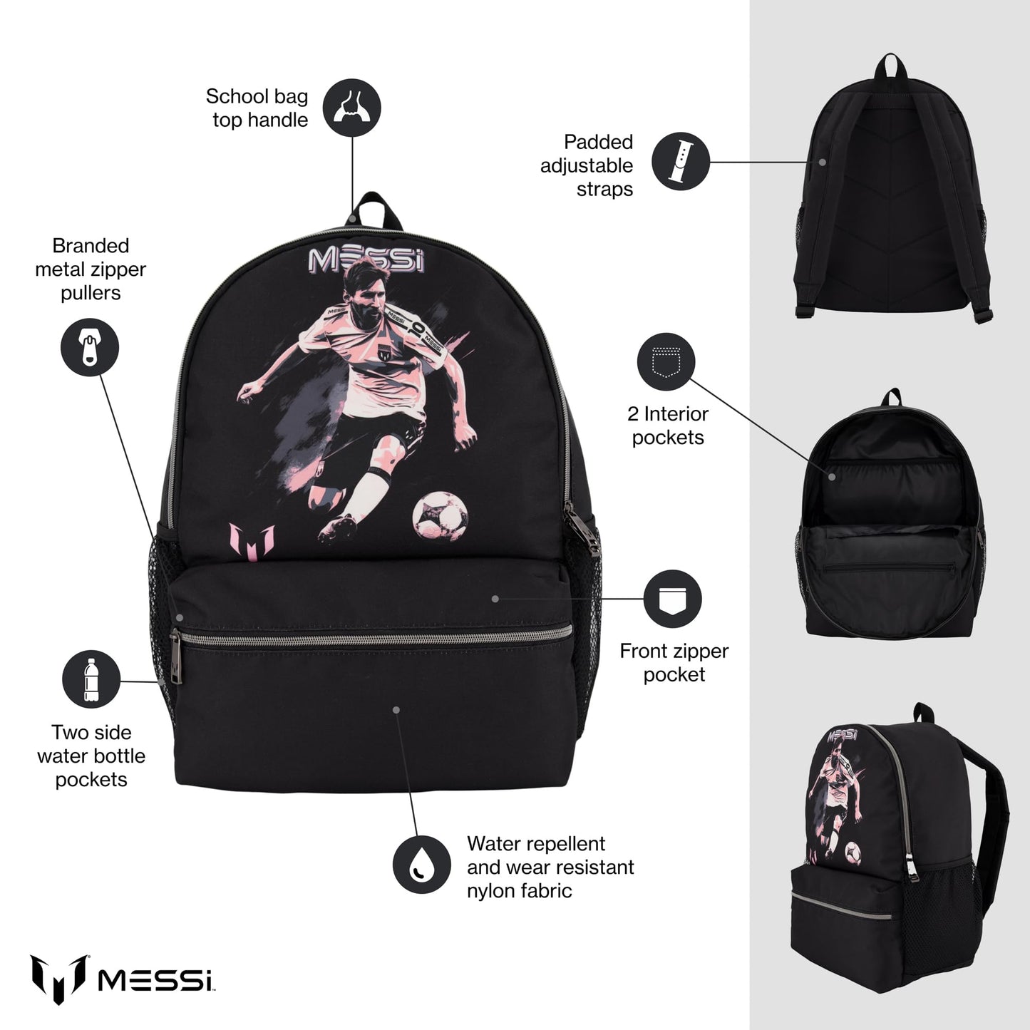 Messi Lifestyle Backpack, Bookbag with Pockets & Adjustable Straps