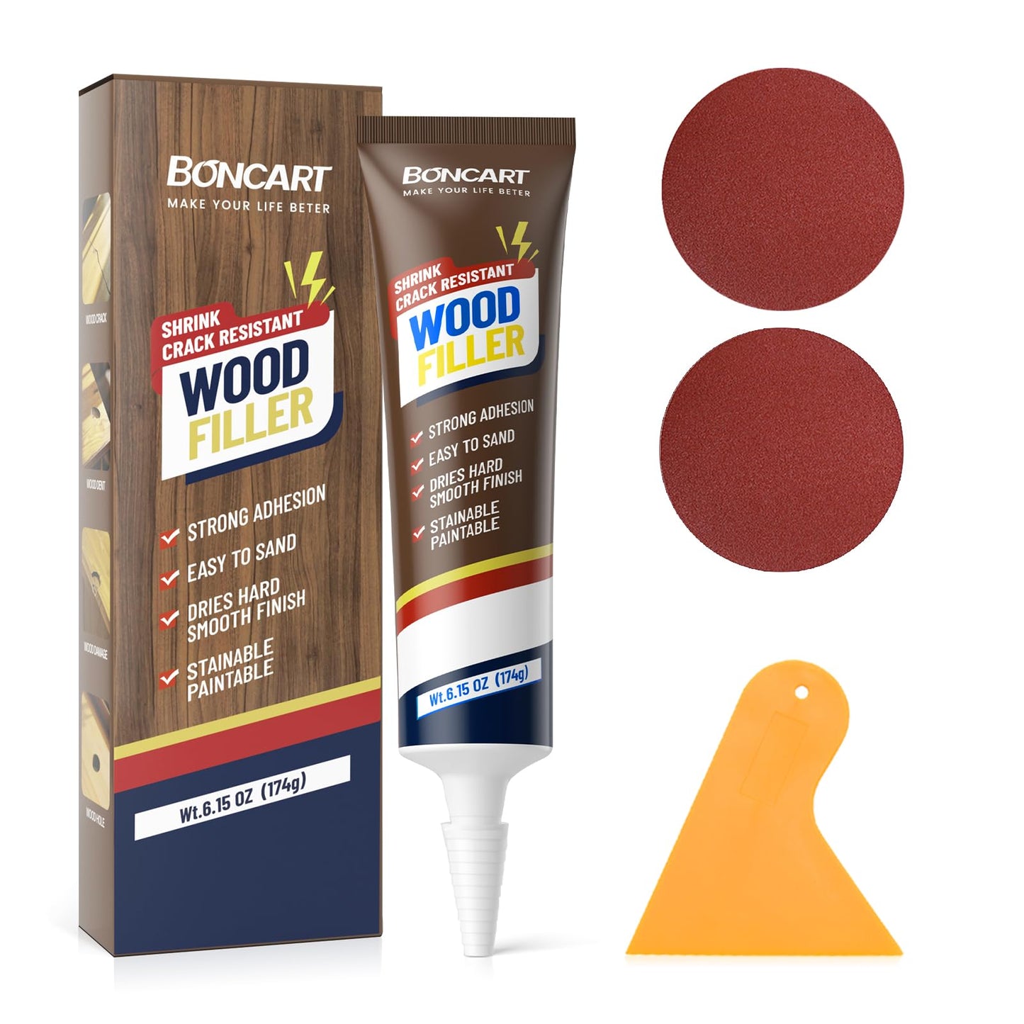 Boncart Wood Filler, 6.15 oz Paintable Wood Putty, Easy to Sand, Shrink & Crack Resistant, Quick Repair for Cracks, Holes and Damage (White)