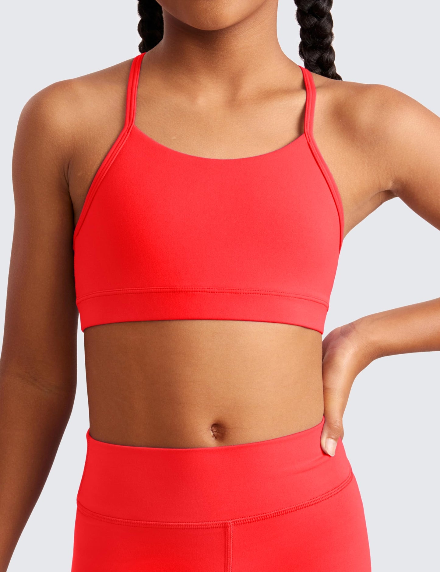 CRZ YOGA Girls Butterluxe Y Back Sports Bra - Yoga Athletic Casual Tops Scoop Neck Spaghetti Strap Padded Crop Kids Teen Deep Red Medium