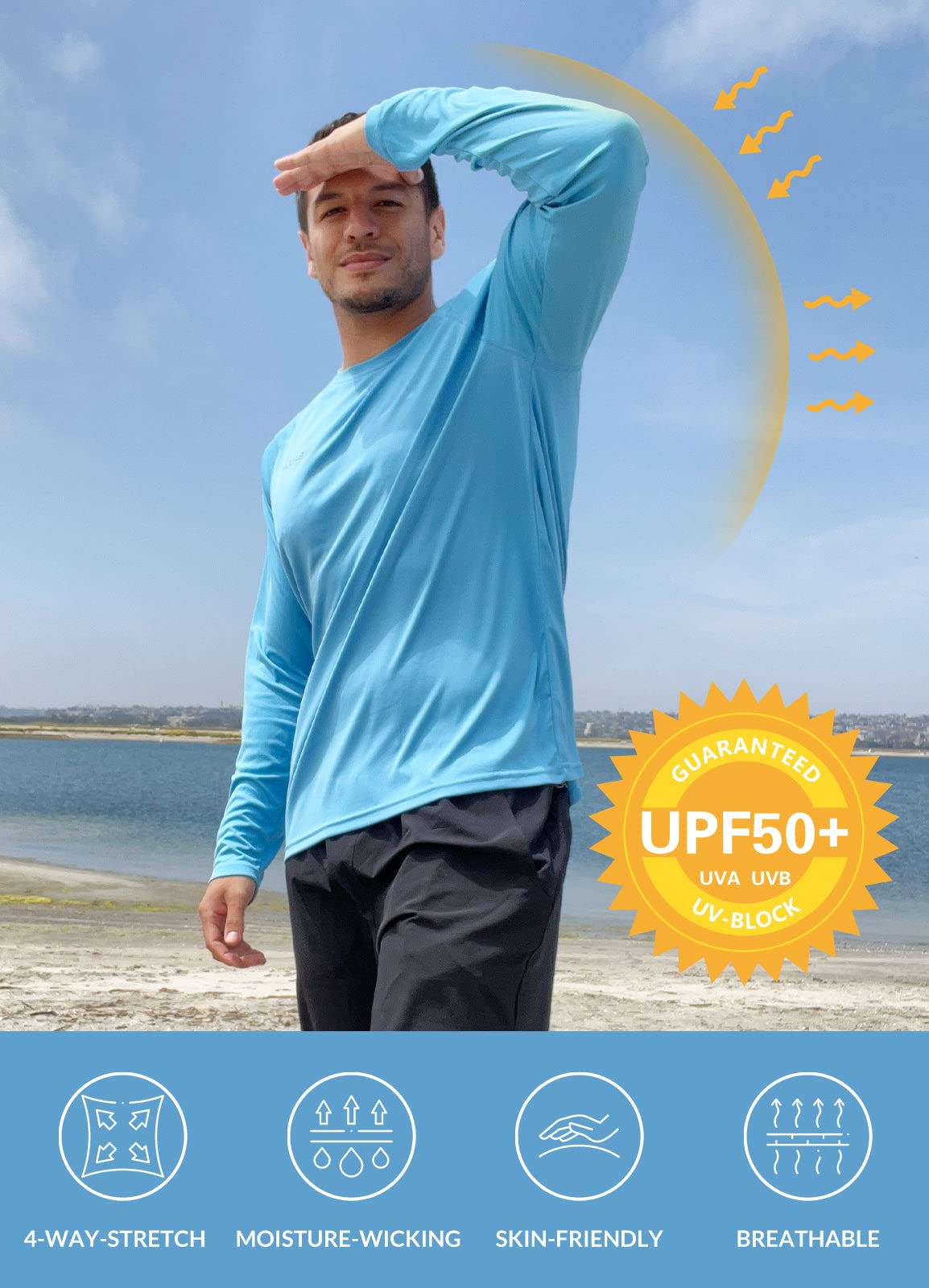 baleaf Mens UPF 50+ Sun Protection Shirts Long Sleeve Rash Guard, Quick Dry 4-Way Stretch for Fishing Swimming Surfing 2 Pack-Blue 2XL