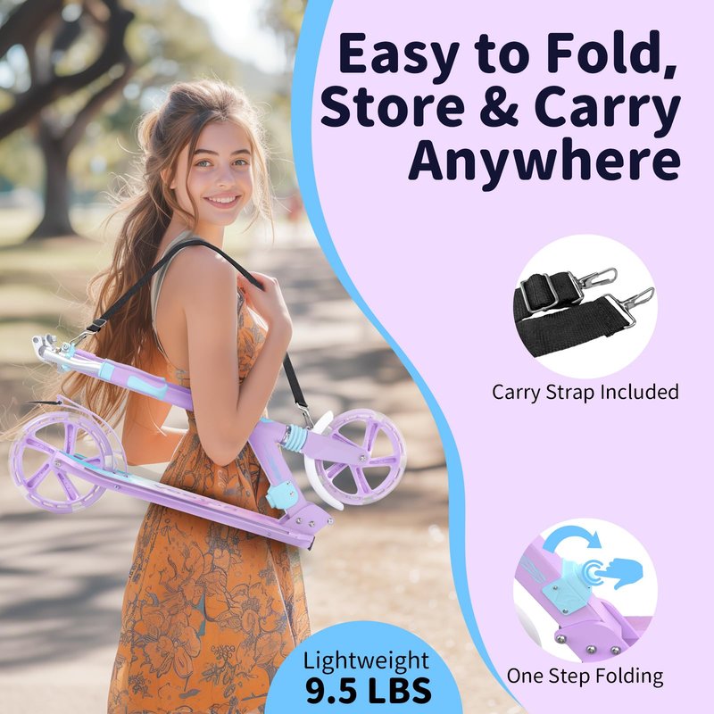 BELEEV V8 Scooters for Kids Ages 6+ with Light-Up Wheel & Stem & Deck, 2 Wheel Folding Scooter for Adults Teens, 4 Adjustable Height, Lightweight Sport Commuter Scooter, up to 220lbs(Light Purple)