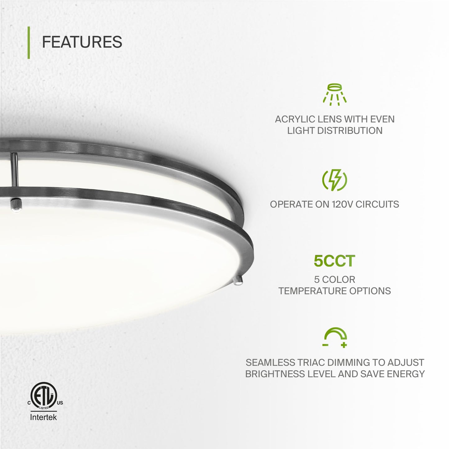 ASD LED 24 Inch Oval Flush Mount Light Fixture | 38W 3280LM 2700K-5000K 120V | 5CCT, Dimmable, ETL Listed | Close to Ceiling Double Ring Lamp, Low Profile Lighting | Nickel