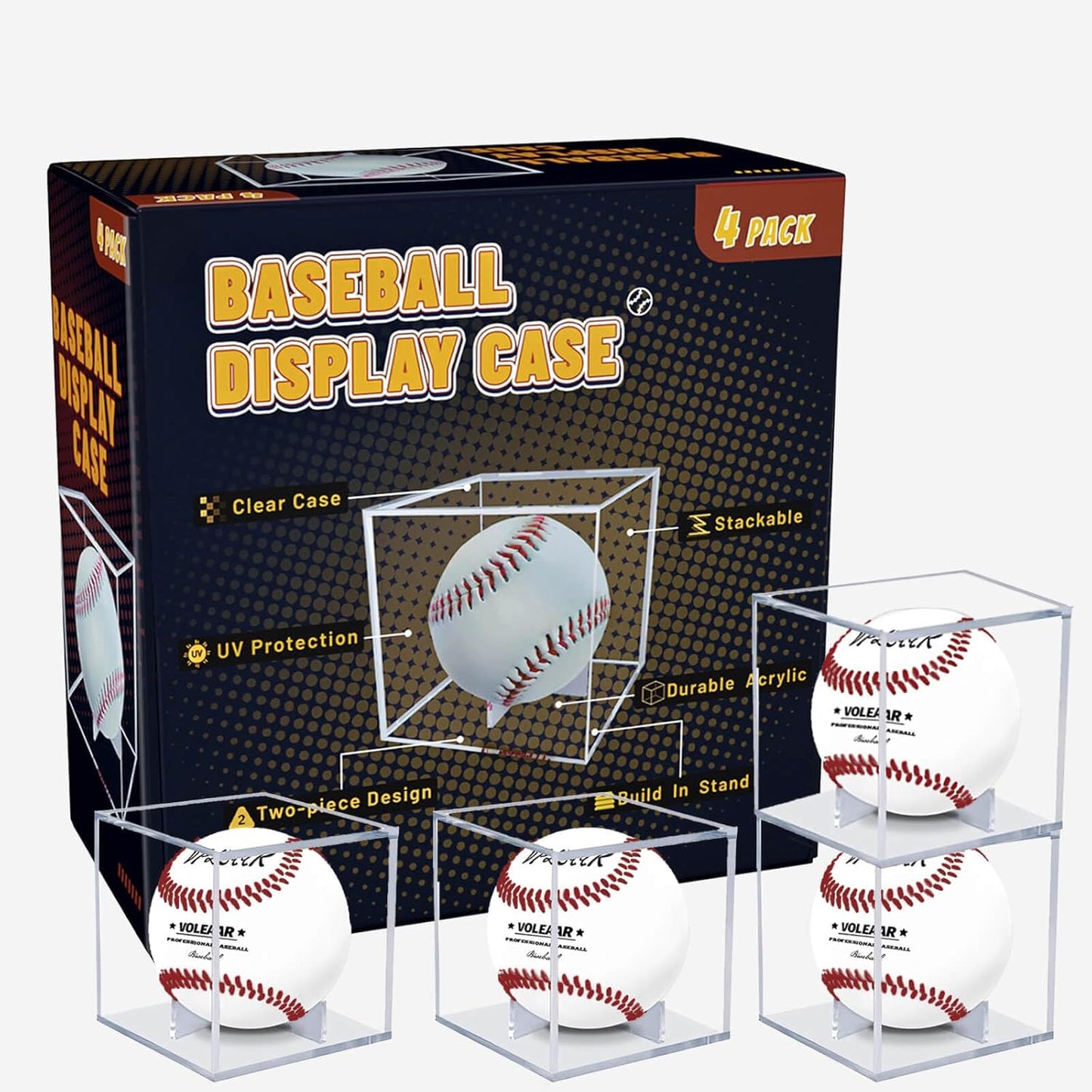 Skiennix Baseball Display Case - UV Protected Acrylic Holder for Autograph Memorabilia | 4 Pack Clear Cube