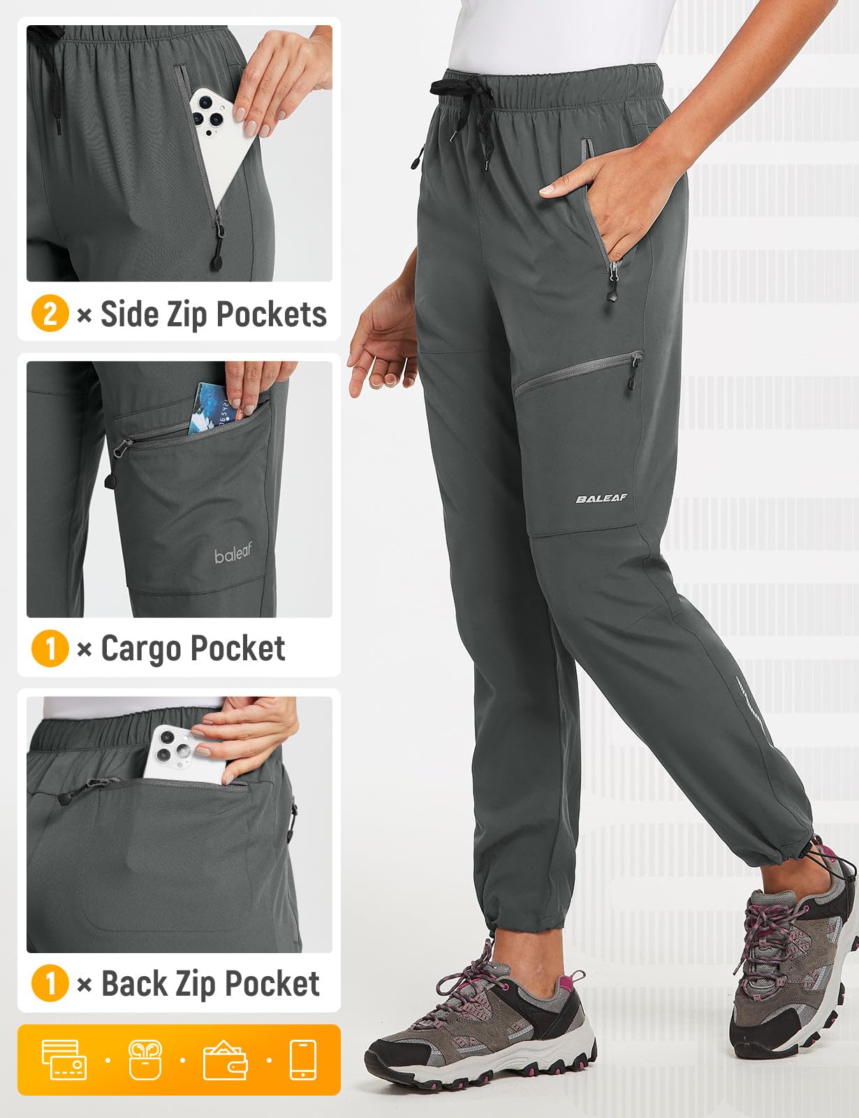 BALEAF Women's Hiking Pants Quick Dry Water Resistant Lightweight Joggers Pant for All Seasons Elastic Waist Steel Gray Size L, Capri