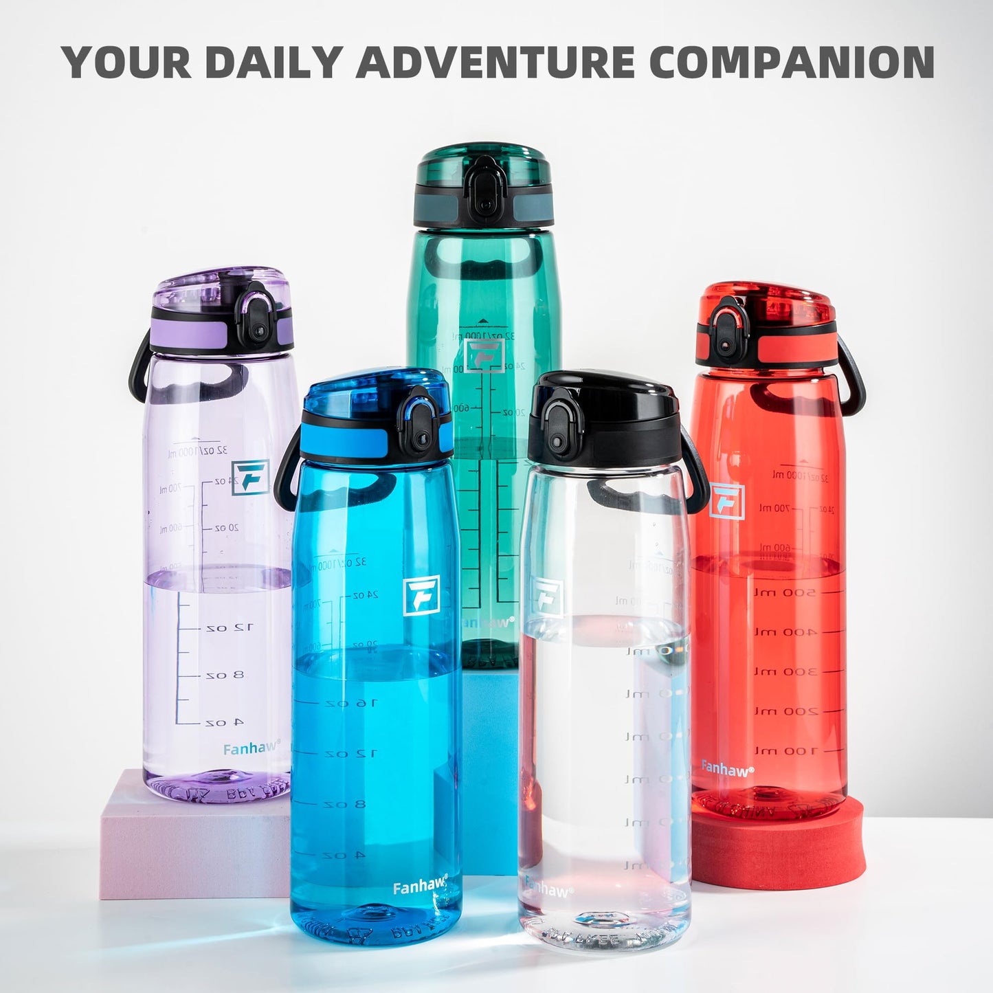 Fanhaw 32 oz Clear Plastic Water Bottle, BPA Free Leakproof Tritan Sports Water Bottle with Chug Lid, Wide Mouth Reusable Bottle for Gym, Travel, School & Office (Clear & Black)