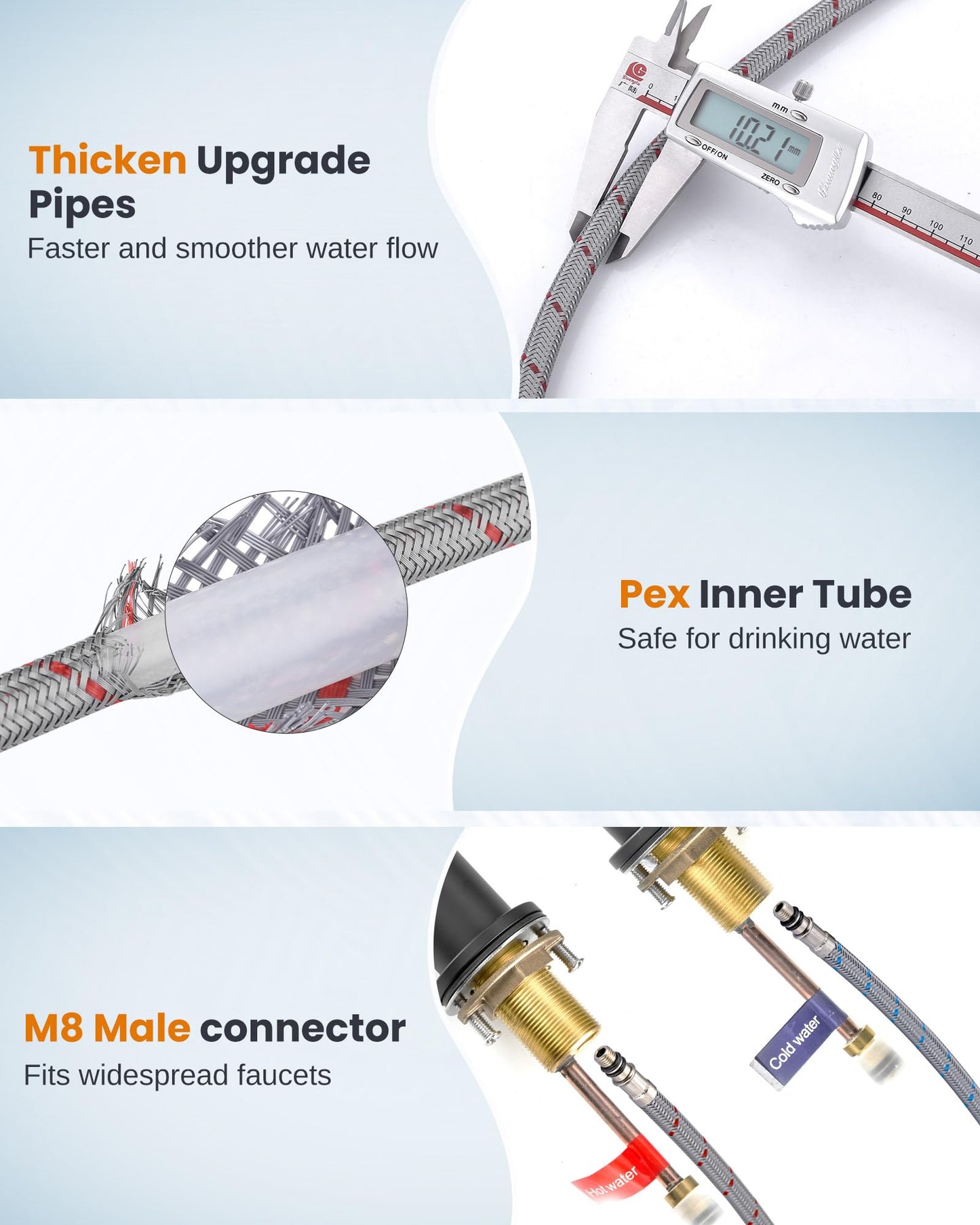 Faucet Supply Lines：WOWOW 16" Length Bathroom Kitchen Faucet Sink Hose with 3/8" Female Compression Thread x M8 Male Connector, Braided Nylon cUPC Water Supply Line 2PCS