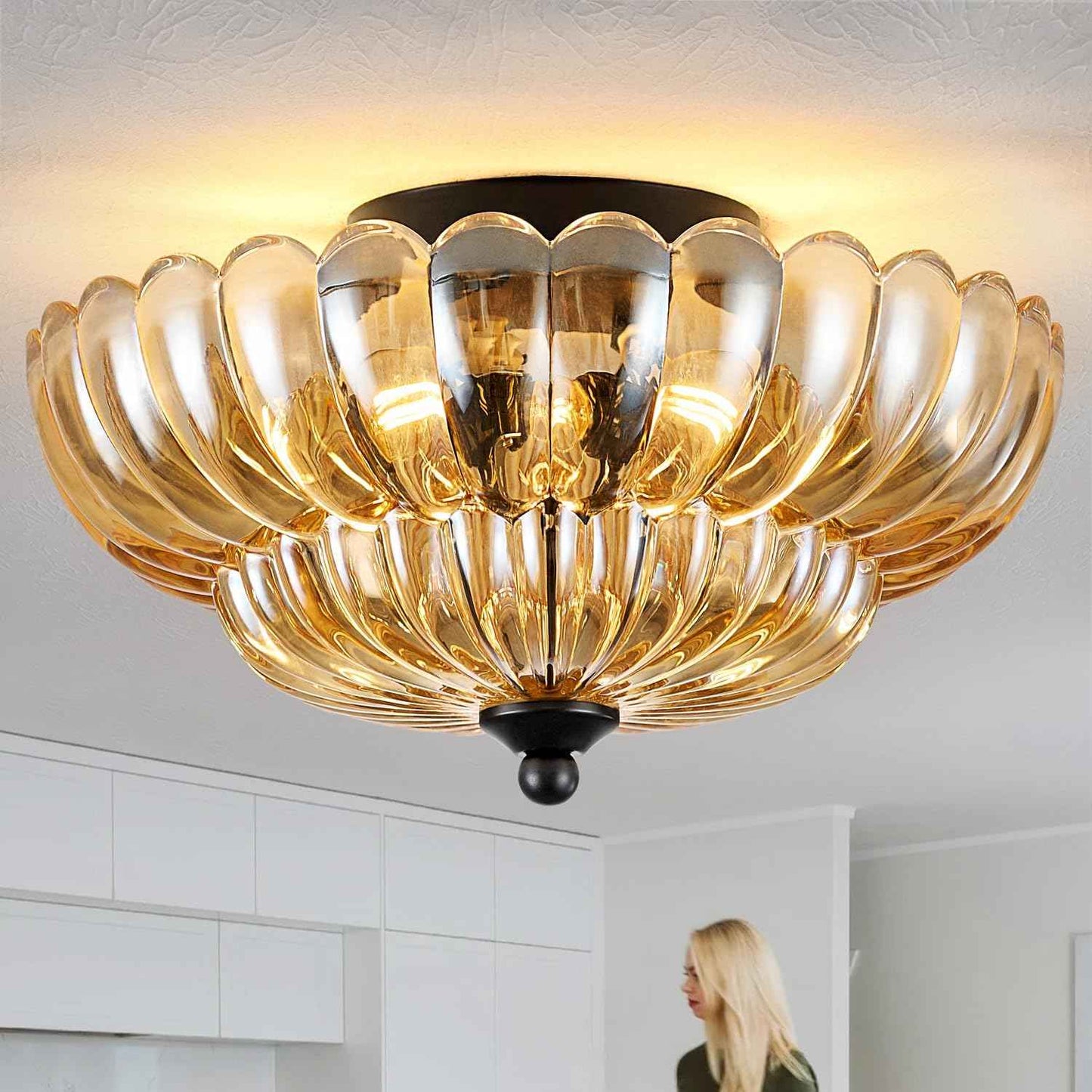 Modern 3-Bulb Semi Flush Mount Ceiling Light Fixture - Vintage Amber Glass for Bedroom, Kitchen, Living Room