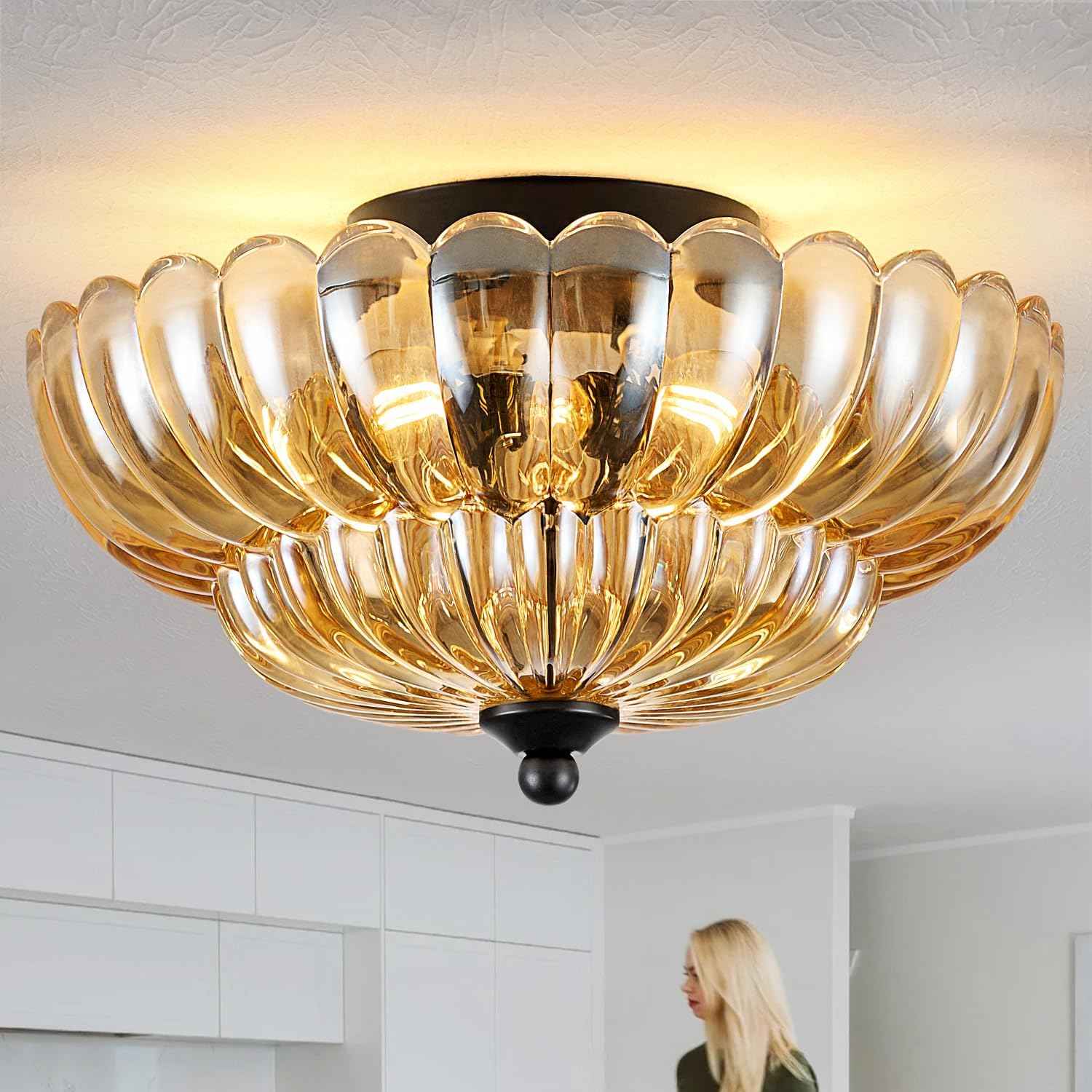 Modern 3-Bulb Semi Flush Mount Ceiling Light Fixture - Vintage Amber Glass for Bedroom, Kitchen, Living Room