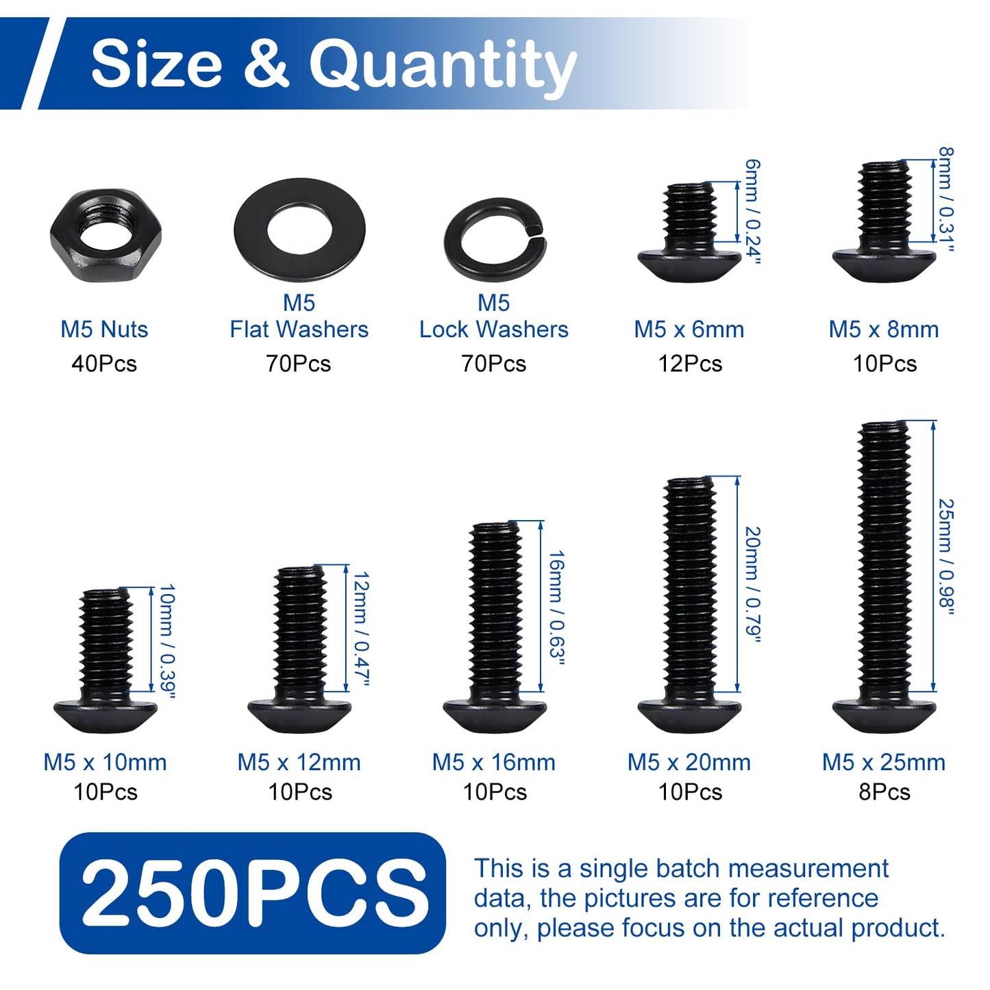 250 Pieces M5 Screws Nuts Washers Set Black, M5 x 6/8/10/12/16/20/25mm Button Head Socket Cap Screws Nuts Washers Assortment Kit, 10.9 Grade Alloy Steel, Fully Threaded