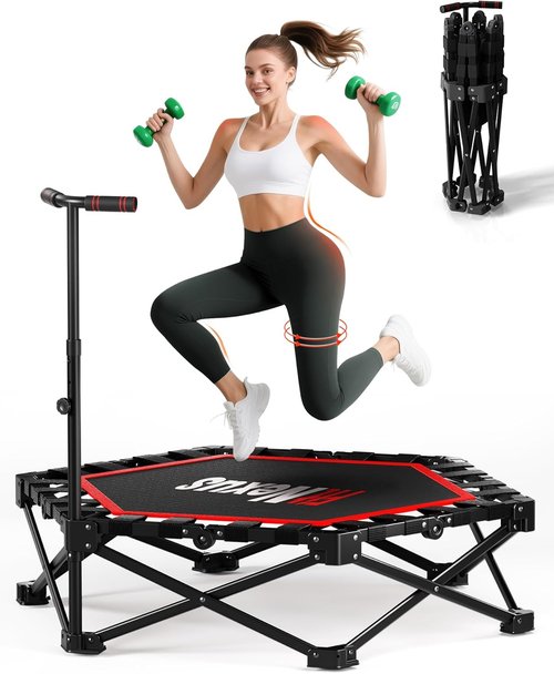 Foldable Mini Trampoline by [Brand Name] - 450lb Capacity Fitness Rebounder with Adjustable T-Bar | Non-Slip Pad for Home or Gym Workouts