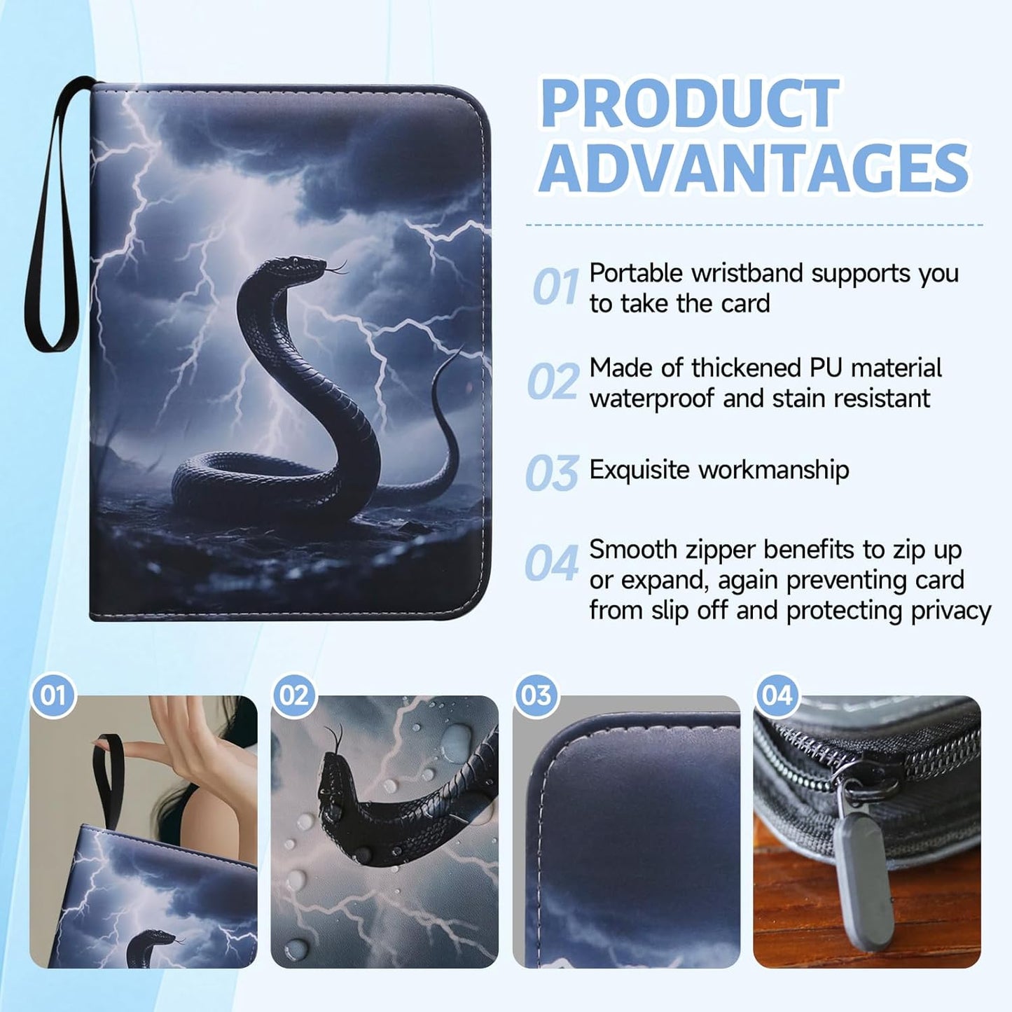 Skiennix Trading Card Binder - Premium 4-Pocket Album with 400 Waterproof Sleeves | Cool Black Serpent Design