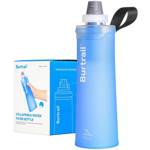 Burtrail 1.0L Collapsible Water Filter Bottle, BPA-Free Ultralight & Durable Squeeze Bottle with 42mm Filter Cap Cartridge, Filtered Water Bottle for Camping, Hiking, Backpacking, Survival & Travel