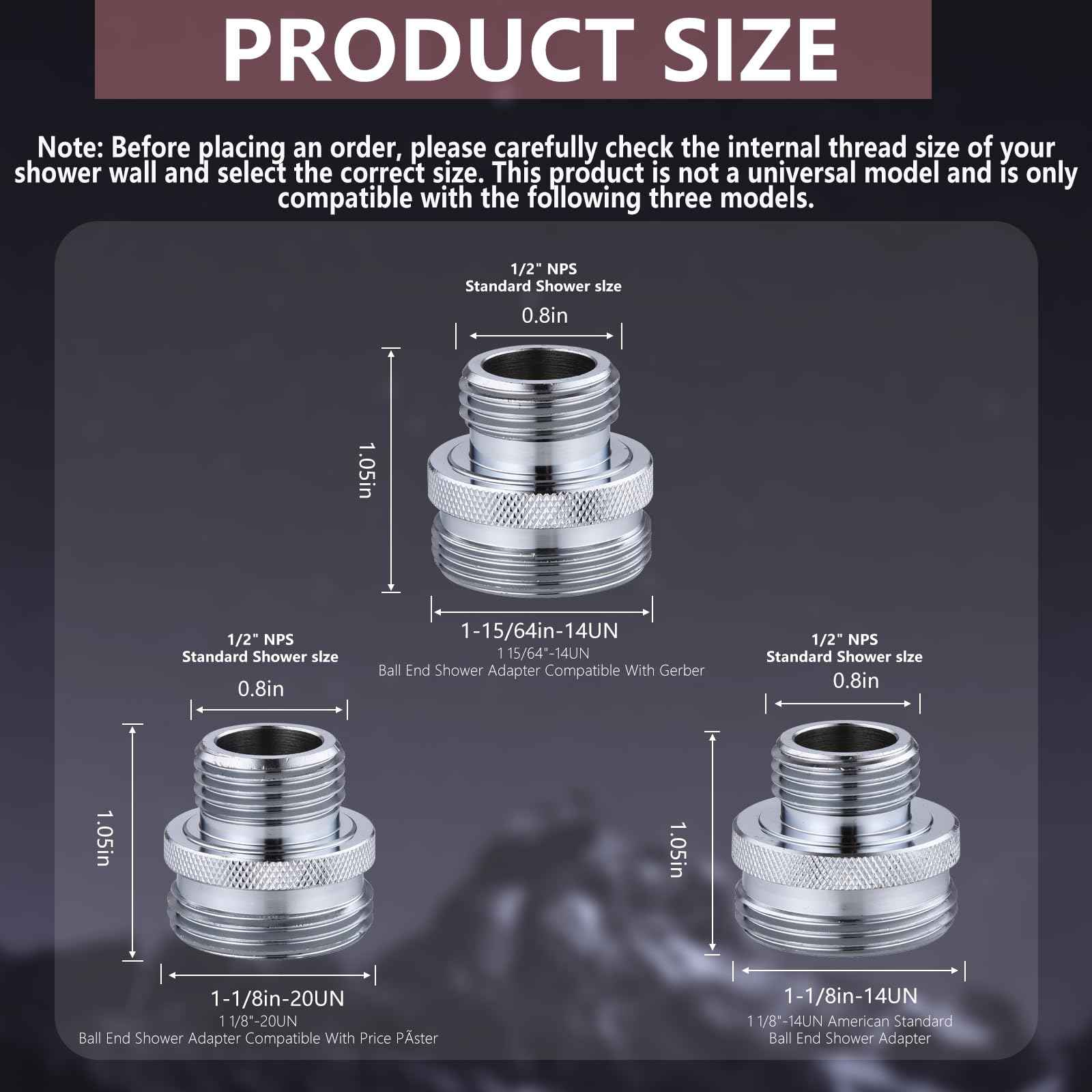 The LUOFANT ball-end shower arm adapter converts the old shower head to a 1/2-inch standard shower head thread. Three models are provided, but they are not universal.