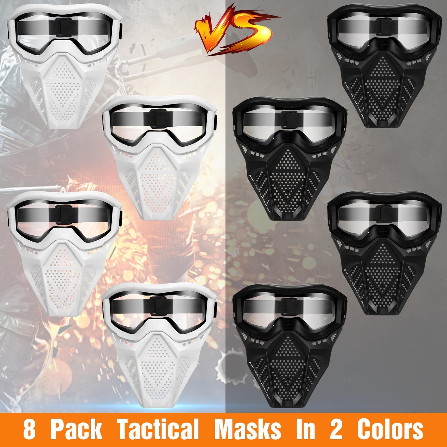 RoundFunny 8 Pack Tactical Mask for Kids with Safety Goggles to Protect Eyes, Full Mask Eye Protection for Christmas Kids Gifts CS Airsoft Shooting Game Party(Black, White)