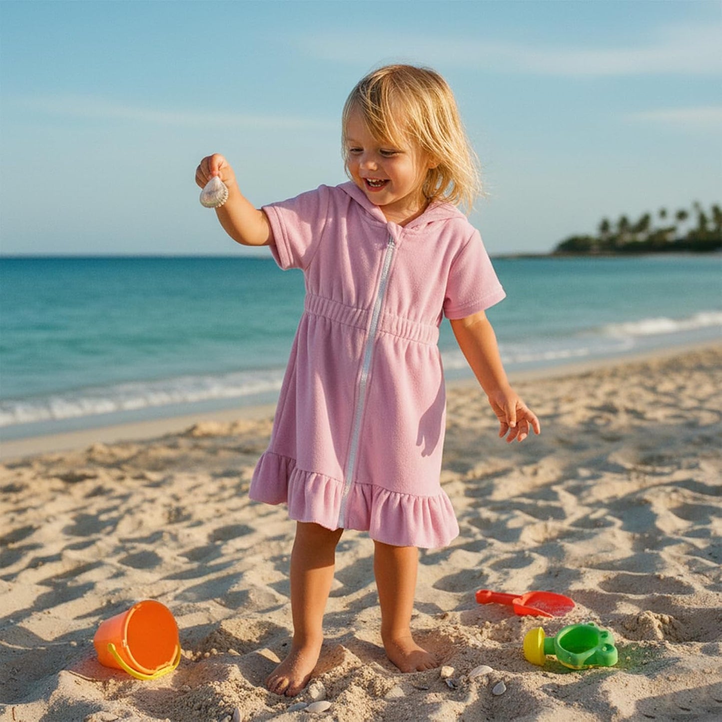 Multitrust Toddler Girls Terry Swim Cover-Up - Ruffled Hooded Bathing Suit in Pink | Elastic Waist