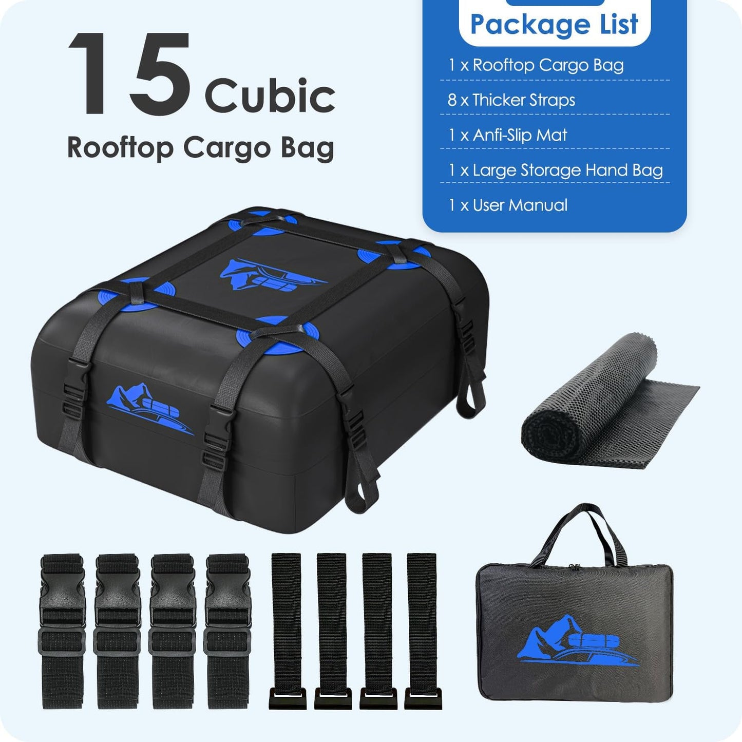 Skiennix Car Rooftop Cargo Carrier Bag - 100% Waterproof, 15 Cubic Feet Capacity | Heavy Duty, Blue