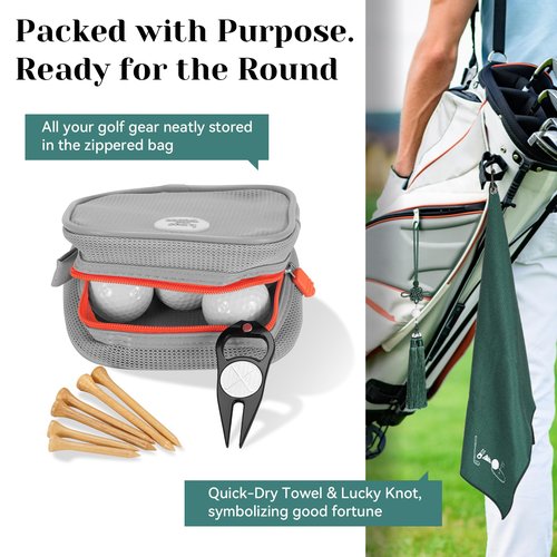 Golf Gift Set for Men, Dad, Husband - Complete Accessory Kit with 6 Balls, Tees, Divot Tool, Towel & Bag - Includes Chinese Knot Box - Ideal New Year,Christmas, Birthday, Father‘s Day Present