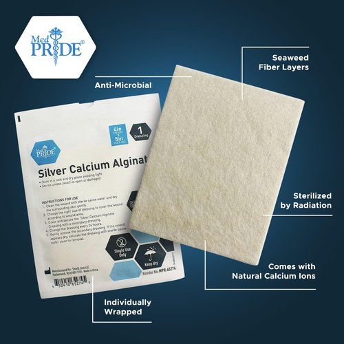 MED PRIDE Silver Calcium Alginate Wound Dressing, 10-Pack | Highly Absorbent, Nonstick, Seaweed, Easy Removal (4'' x 5'' Silver)
