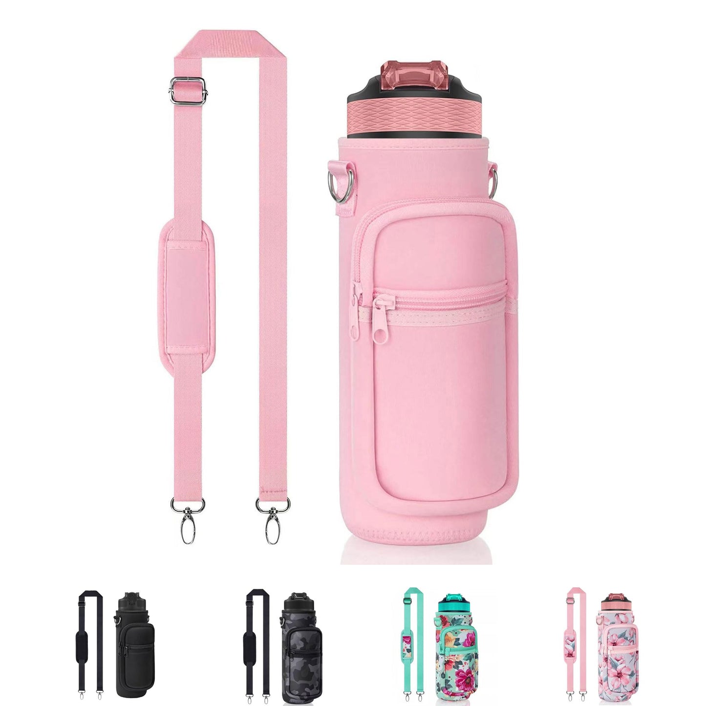 32 oz Water Bottle Carrier Bag, 32/40 oz Water Bottle Holder with Strap, Sling Bag Sleeve Pouch Holder with Phone Pocket and Small Pocket for Walking Hiking Camping Gym(2.95"W * 9.05"H)（Pink）