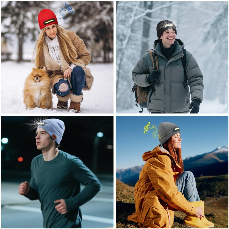 RANCOVY Bluetooth Beanie with Light, Musical Knit Hat with Wireless Headphone, LED Beanie with Bluetooth for Men Women Grey