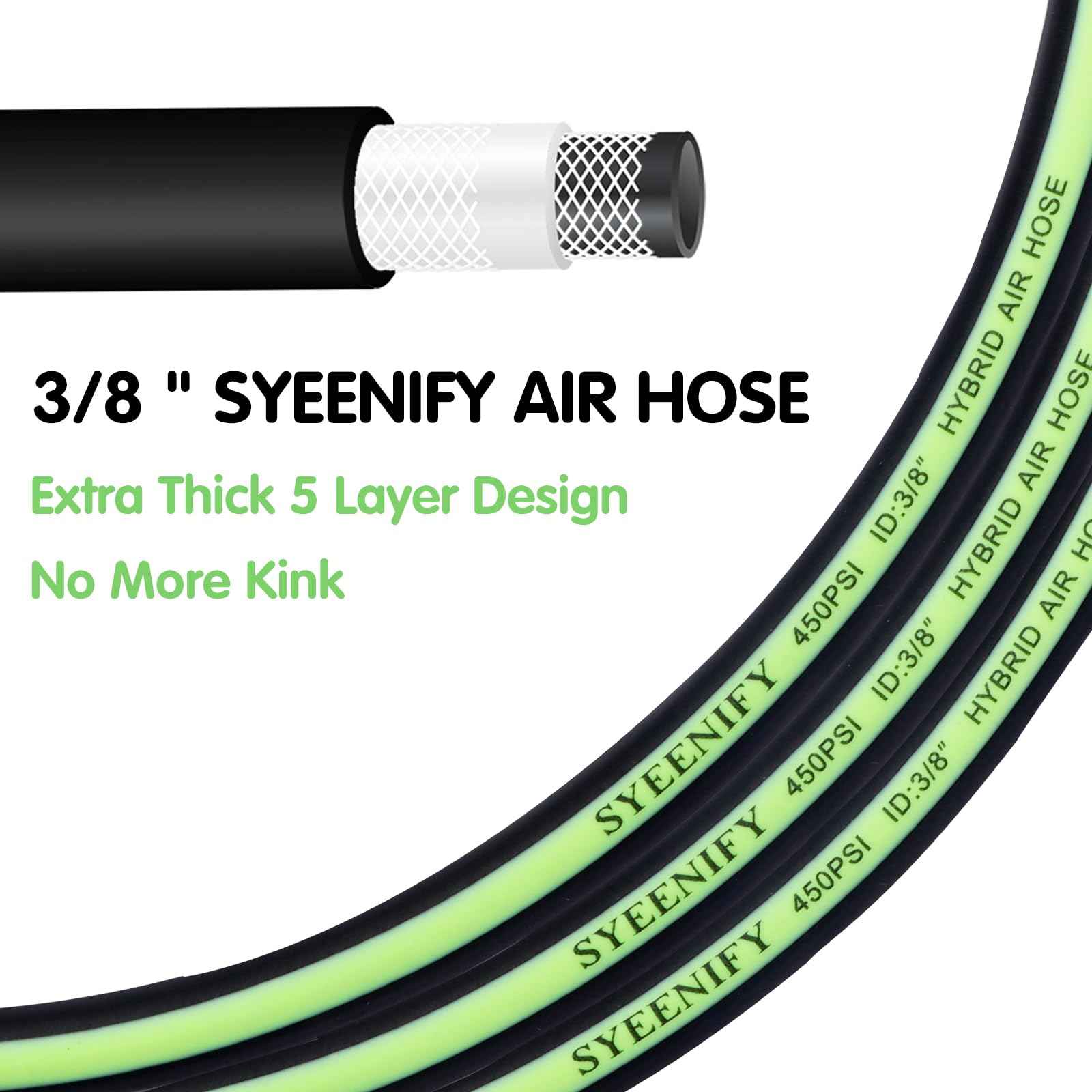 SYEENIFY Air Hose 3/8 in x 10 ft, Thickened 5 Layers Heavy Duty, Kink Resistant, 450PSI Hybrid Air Compressor Hose All-Weather Flexibility with 1/4" Industrial High Flow Quick Brass Coupler and Plug