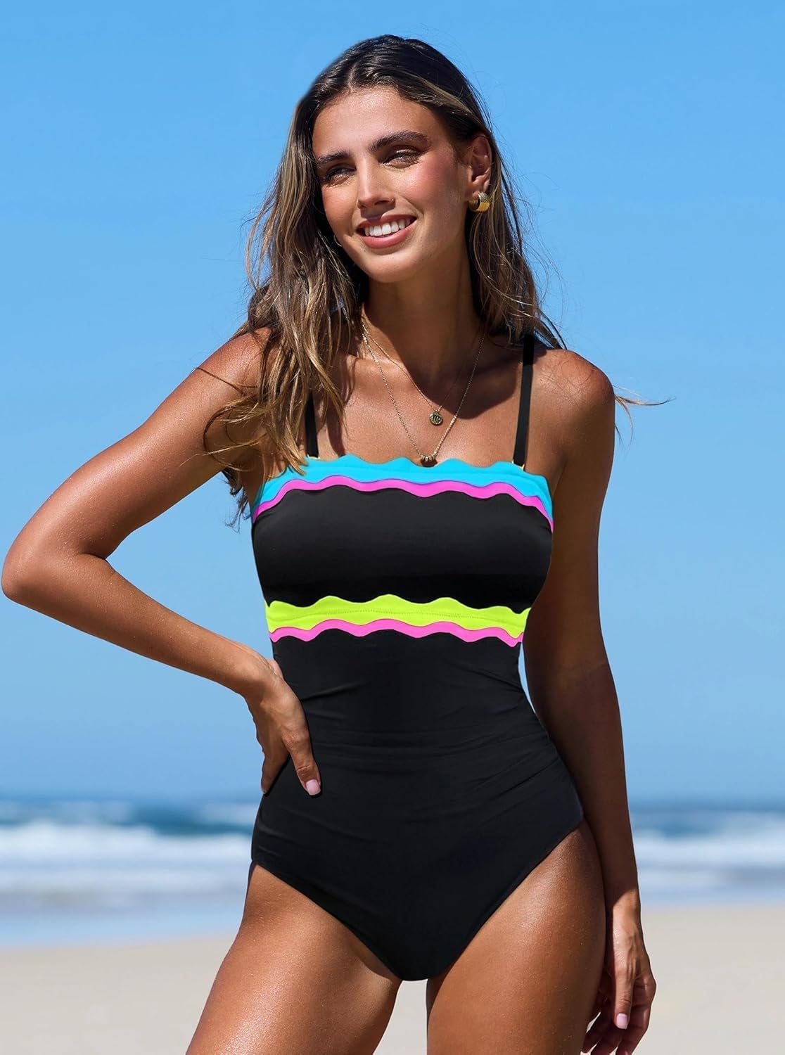 Popvil One Piece Swimsuits for Women - Tummy Control Strapless Neon Bandeau Swimwear 2026