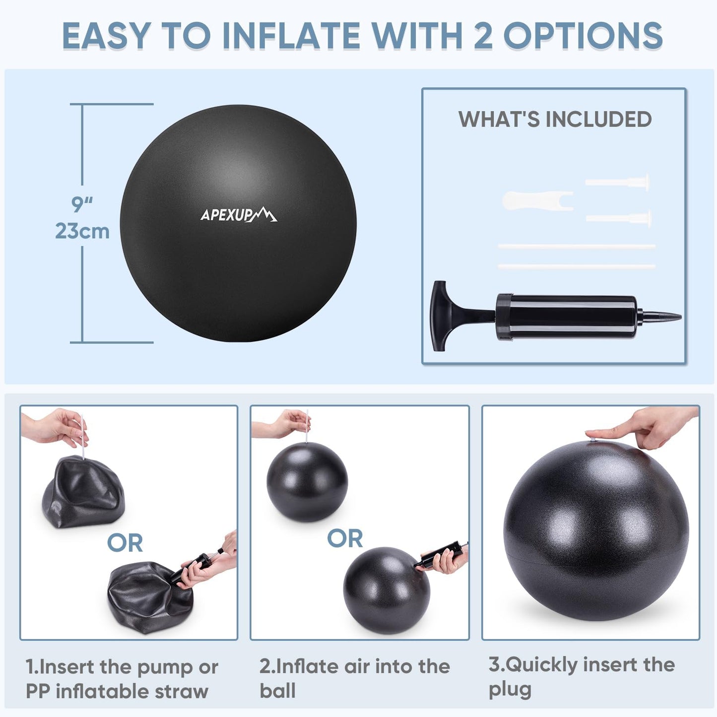 APEXUP 9 Inch Pilates Ball Small Exercise Ball for Yoga, Fitness, Balance, Core Workout, Physical Therapy (XXS (9") 23cm, Black)
