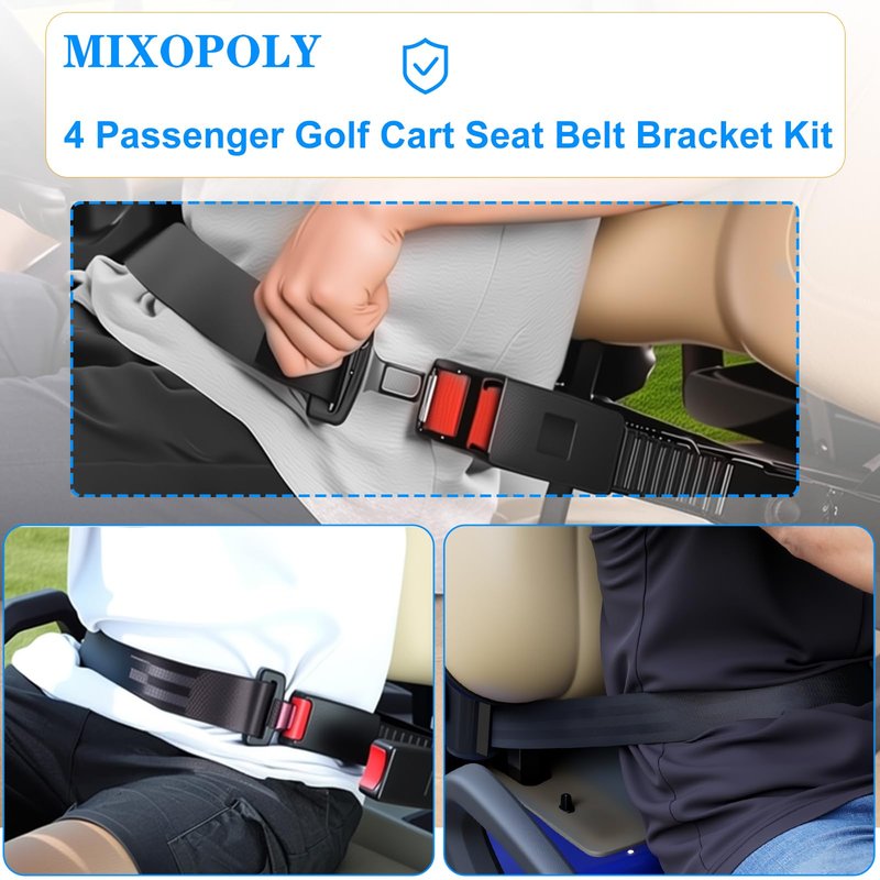 Mixopoly 4 Passenger Golf Cart Seat Belt Bracket Kit Universal for Yamaha, EZGO, Club Car Golf Cart with 2+2 Flip Rear Seat, Retractable Seatbelts Max Length 42 Inches