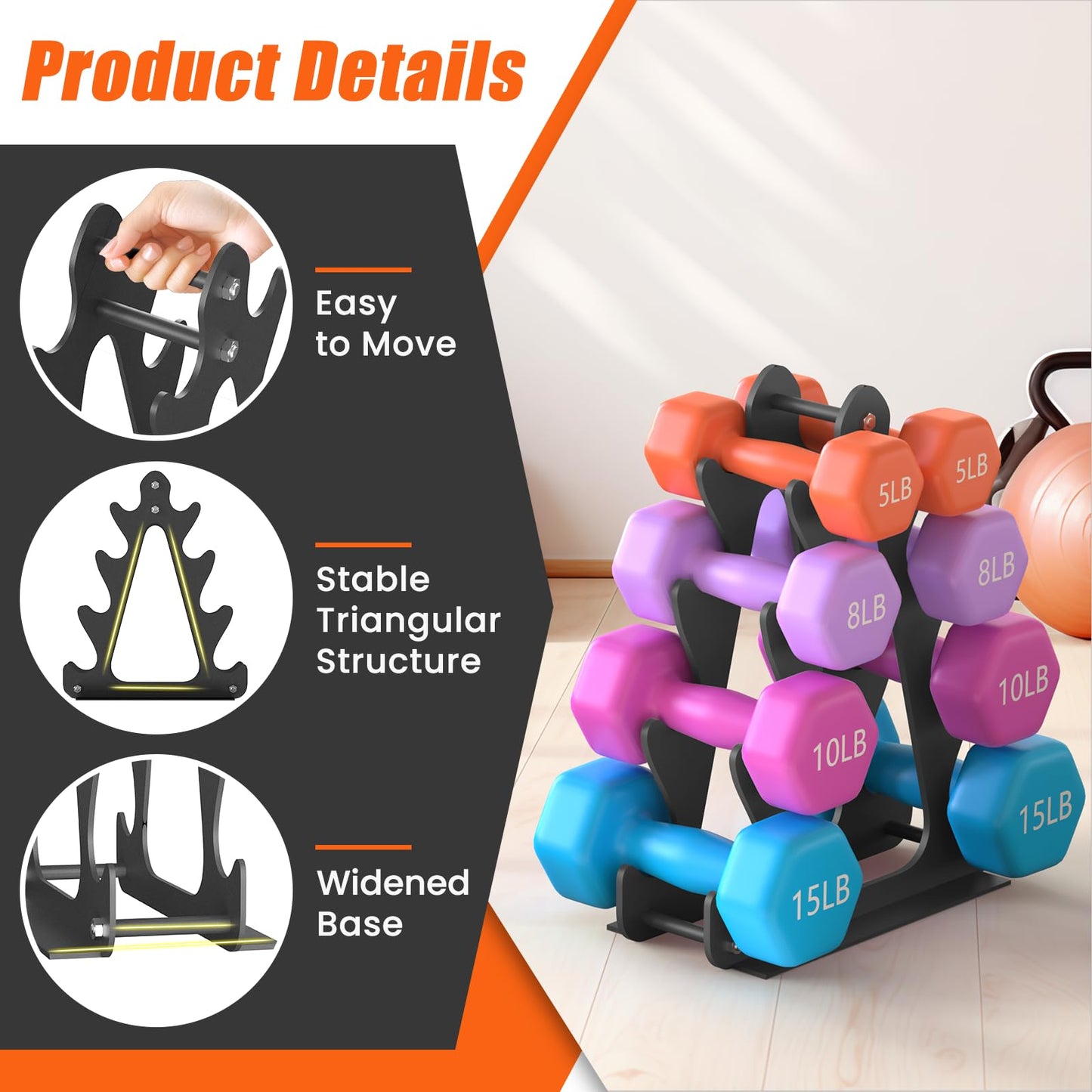4-Tier Dumbbell Rack for 1-15 lb Weights (Dumbbell Rack Stand Only) Holds 5 Pairs Space-Saving Sturdy A-Frame Stand for Home Gym, Weight Rack for Women's Dumbbell Set