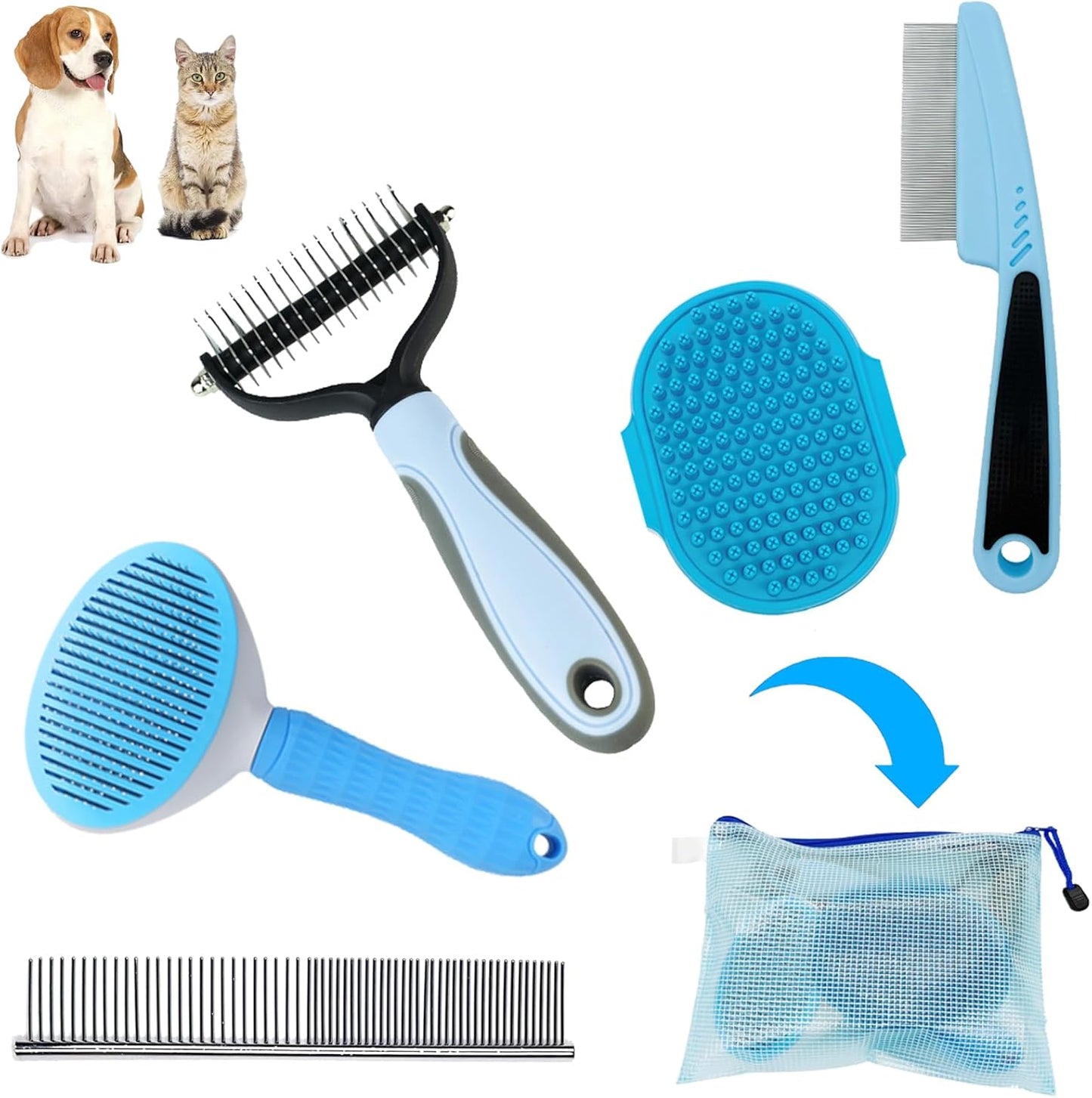 Skiennix Dog Brush Grooming Kit - 5-Piece Set for Shedding, Flea Comb & Slicker Brush | Blue