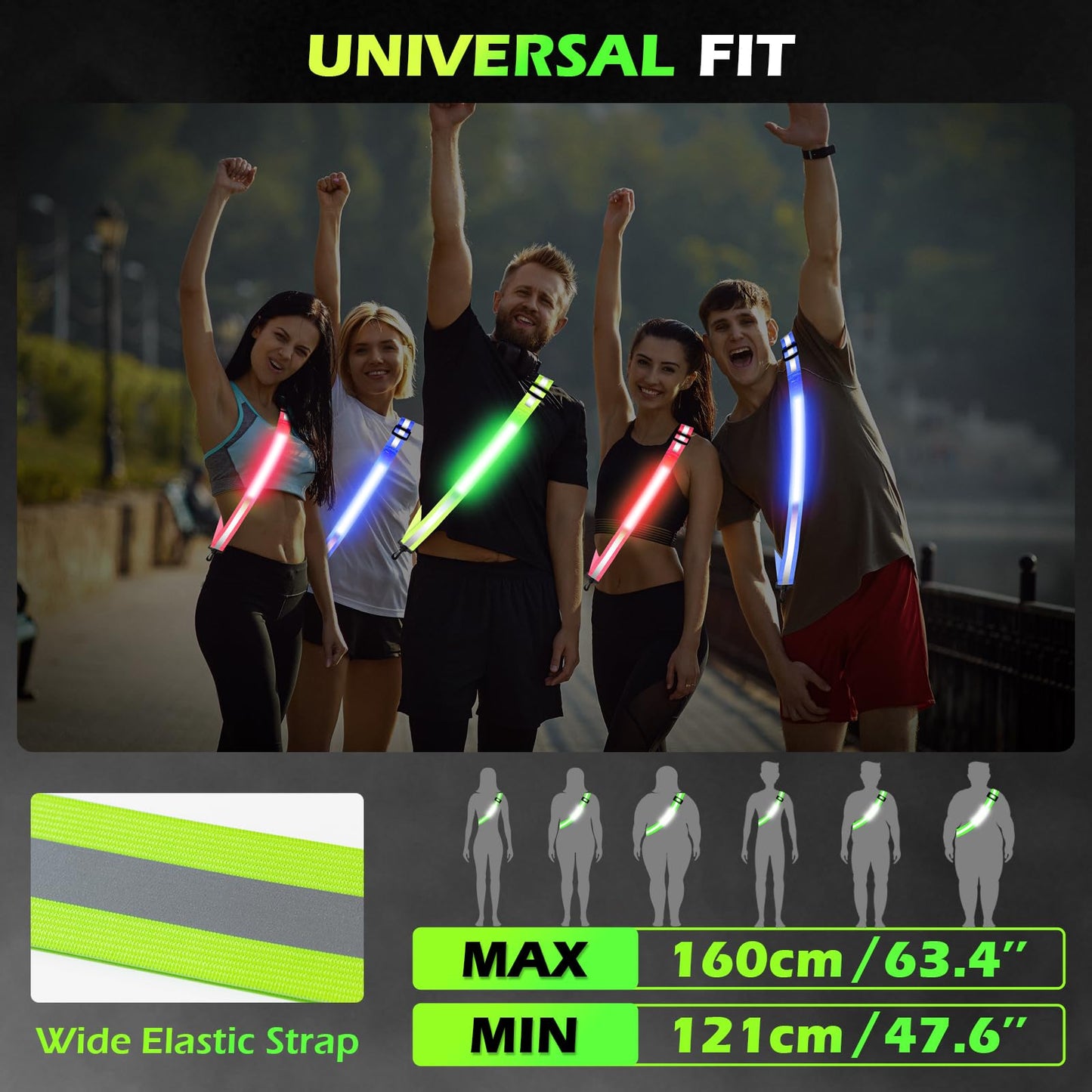 VIREOGEAR LED Safety Sash, USB Rechargeable Reflective Running Gear with 360° High Visibility, Adjustable Light Up Sash, 5 Colors & 11 Flash Modes for Running, Walking, Cycling & Dog Walking