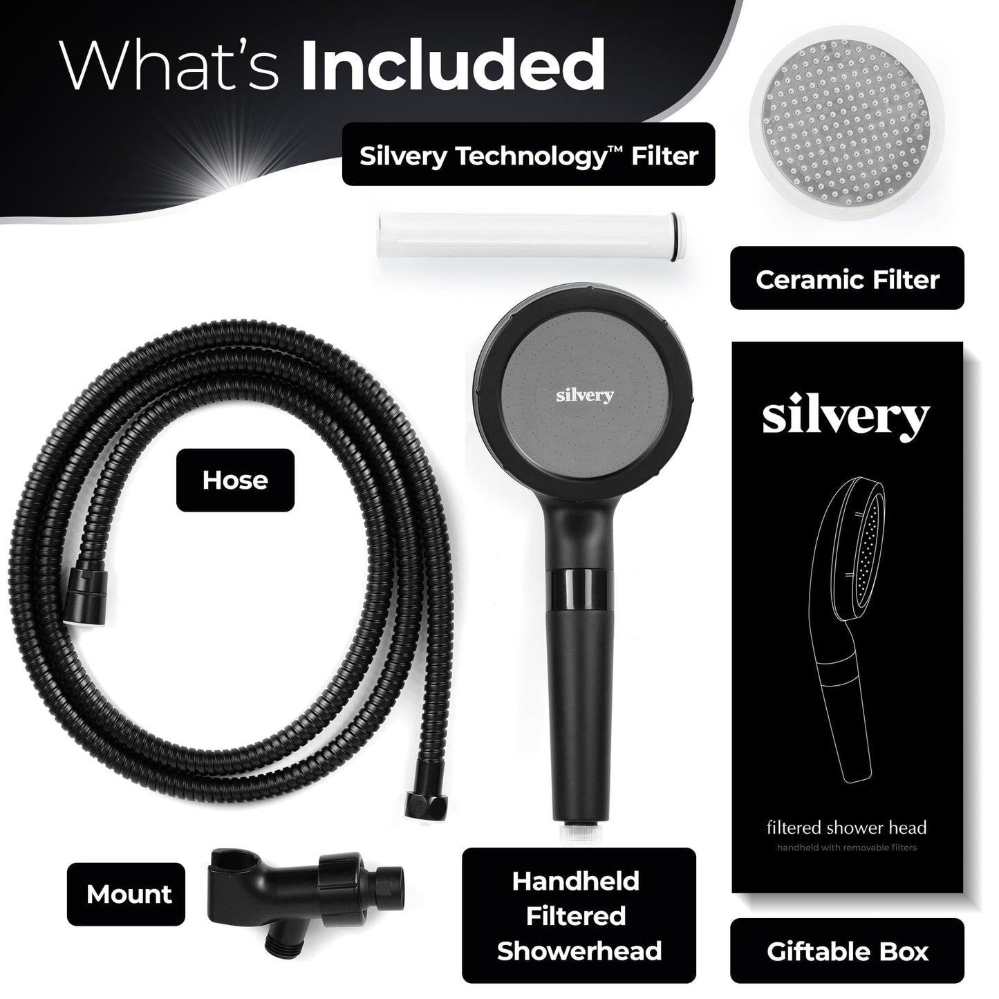 Silvery High Pressure Filtered Shower Head - Dermatologist-Approved Clean Water with Silvery Technology™ Filter - Showerhead Removes Impurities for Healthier Skin, Hair, Scalp (Handheld Showerhead)