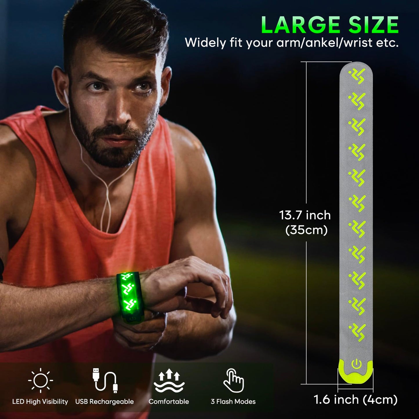 Vizbrite LED Armband Rechargeable for Running, High Visibility Reflective Running Gear for Running Walking at Night Safety, Jogging Lights, Adjustable Light Up Arm Bands for Men Women Kids