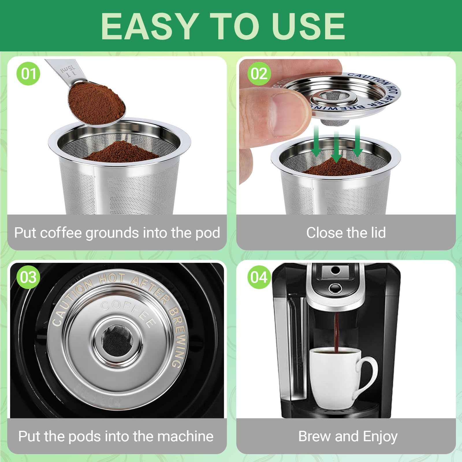 Reusable K Cups and Coffee Pods, Stainless Steel k Cups for Keurig Coffee Makers Machine, 4 Pack Keurig Coffee Filters With Spoon and Cleaning Brush