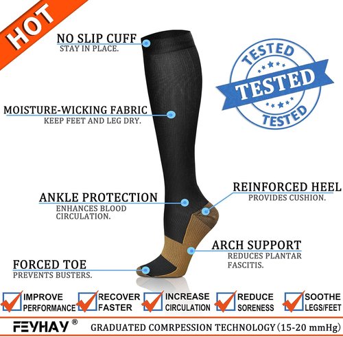 FEYHAY Copper Compression Socks - 15-20 mmHg for Enhanced Circulation | 8 Pairs for Men & Women, Ideal for Running & Climbing
