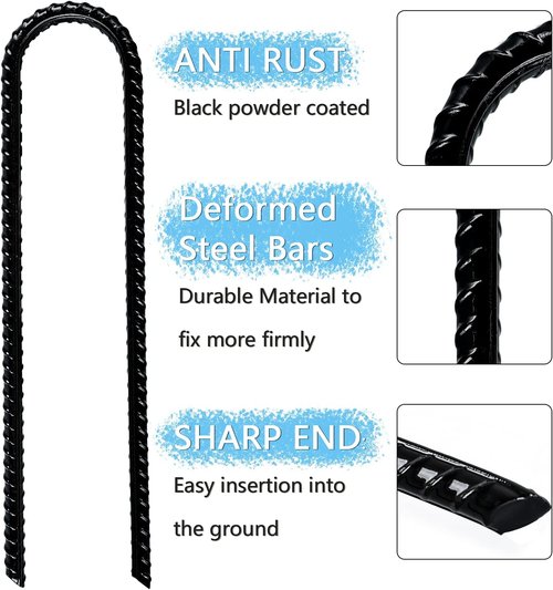 Gtongoko Heavy-Duty Rebar Stakes - U Hook Ground Anchors for Camping Tents | 12-Inch Curved Steel Garden Support (8 Pack)